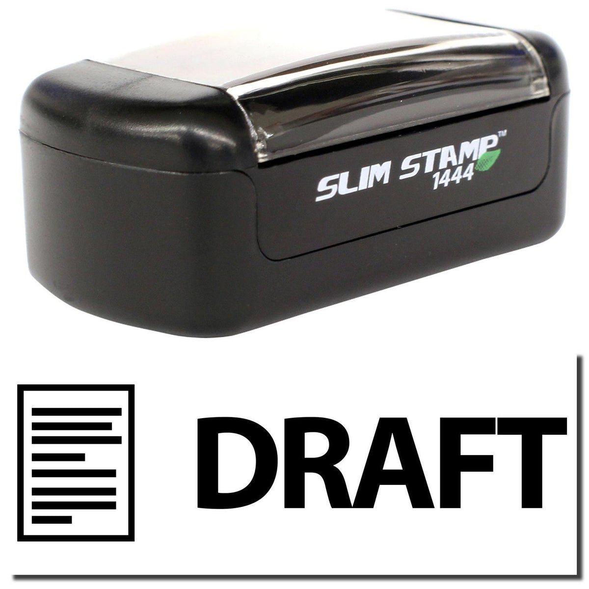 A stock office pre-inked stamp with a stamped image showing how the text &quot;DRAFT&quot; with an image of a letter on the left side is displayed after stamping.