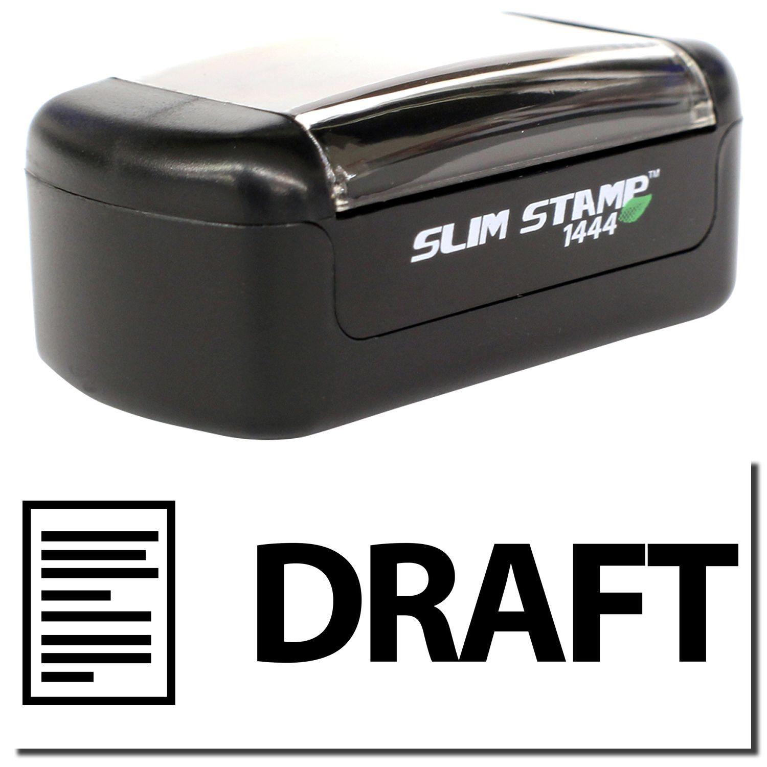 A stock office pre-inked stamp with a stamped image showing how the text "DRAFT" with an image of a letter on the left side is displayed after stamping.