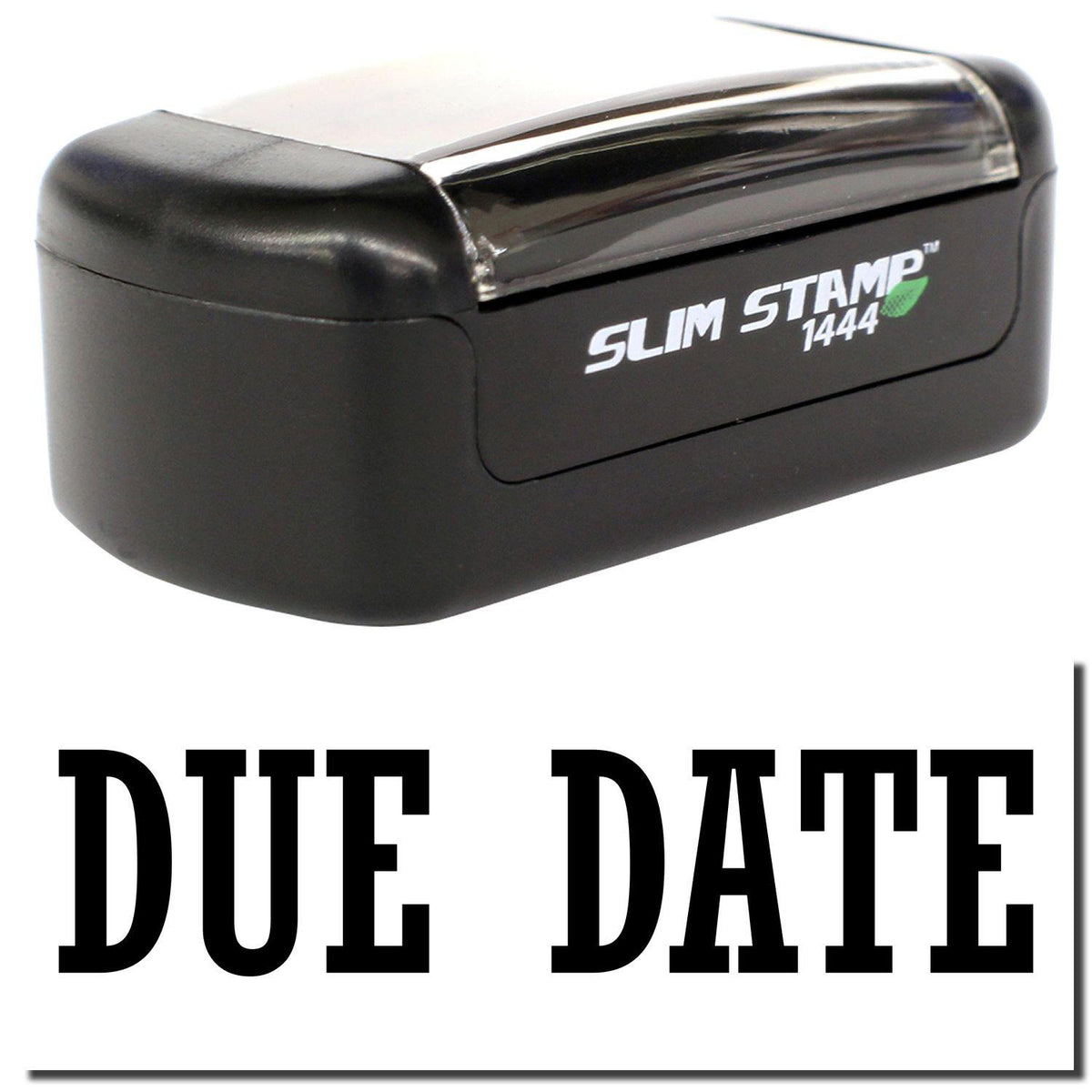A stock office pre-inked stamp with a stamped image showing how the text &quot;DUE DATE&quot; is displayed after stamping.