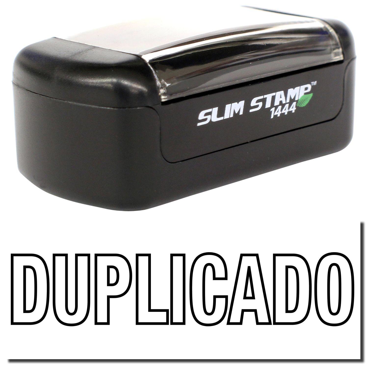 A stock office pre-inked stamp with a stamped image showing how the text "DUPLICADO" in an outline font is displayed after stamping.