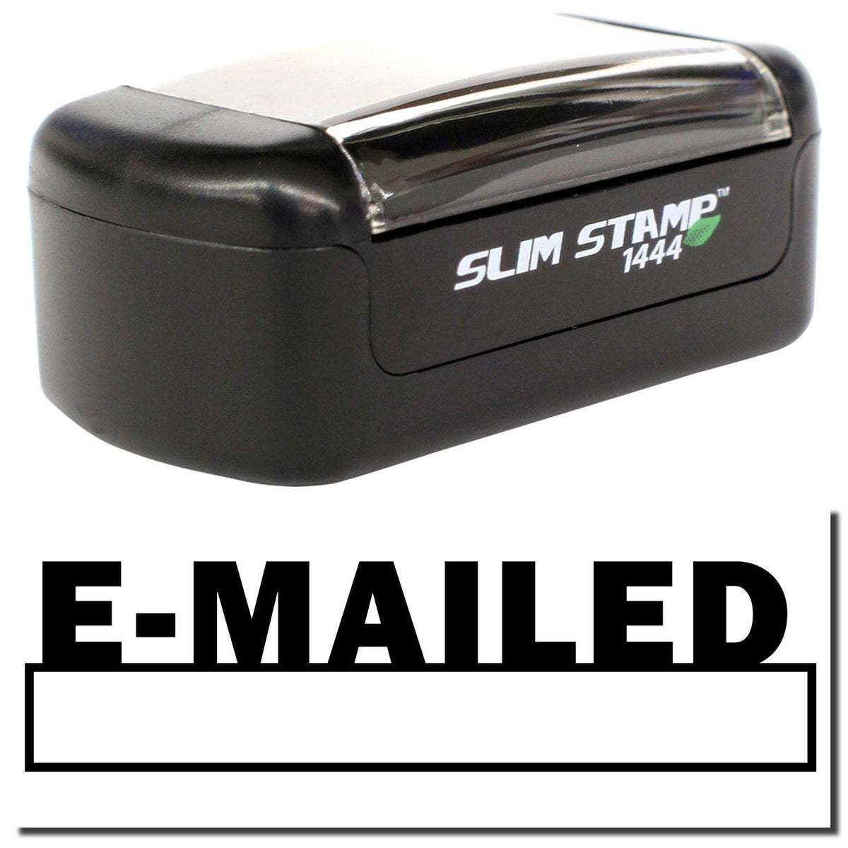 A stock office pre-inked stamp with a stamped image showing how the text &quot;E-MAILED&quot; with a date box underneath the text is displayed after stamping.