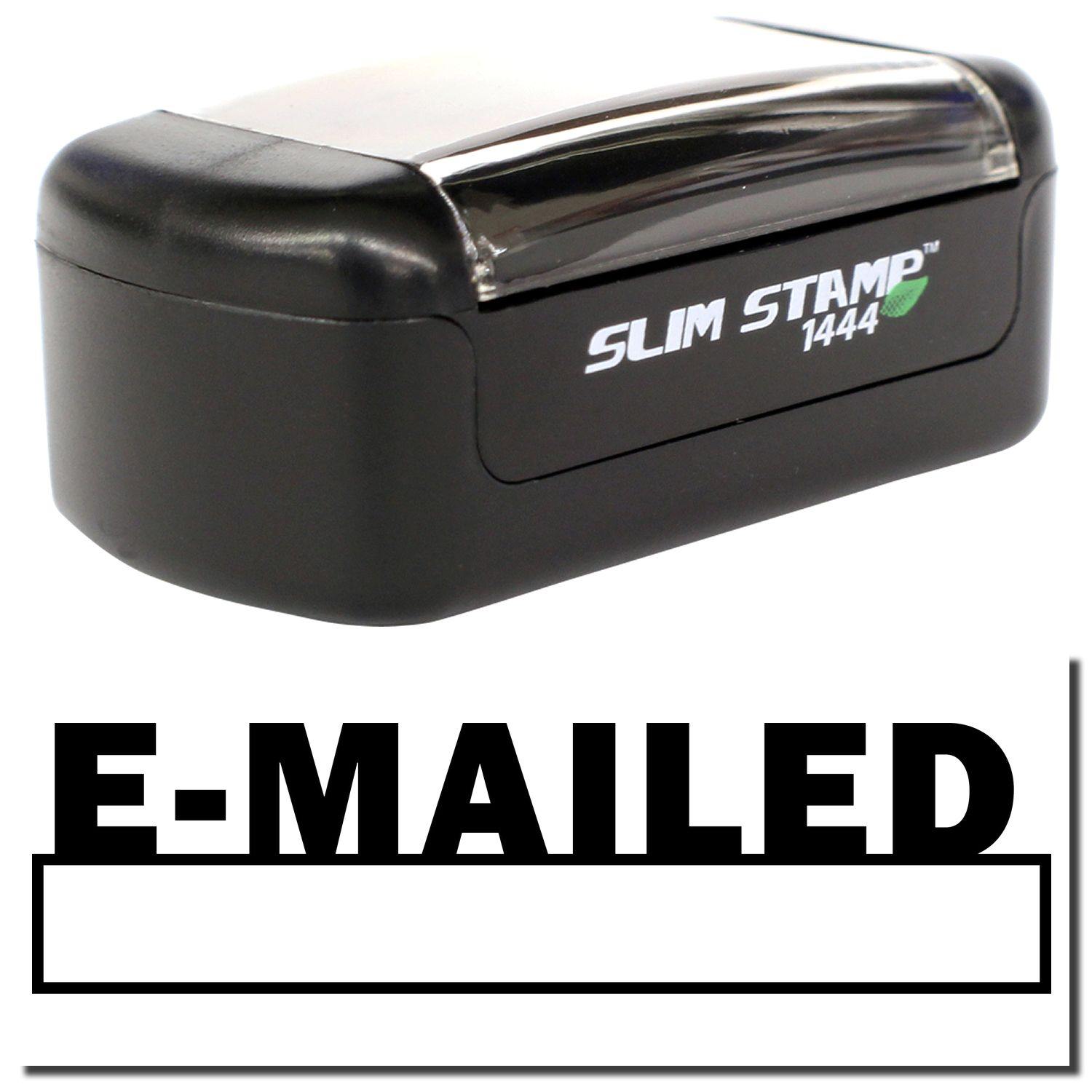 A stock office pre-inked stamp with a stamped image showing how the text "E-MAILED" with a date box underneath the text is displayed after stamping.