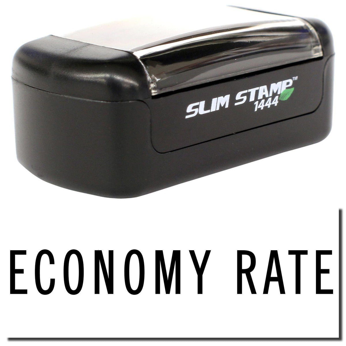 A stock office pre-inked stamp with a stamped image showing how the text &quot;ECONOMY RATE&quot; is displayed after stamping.