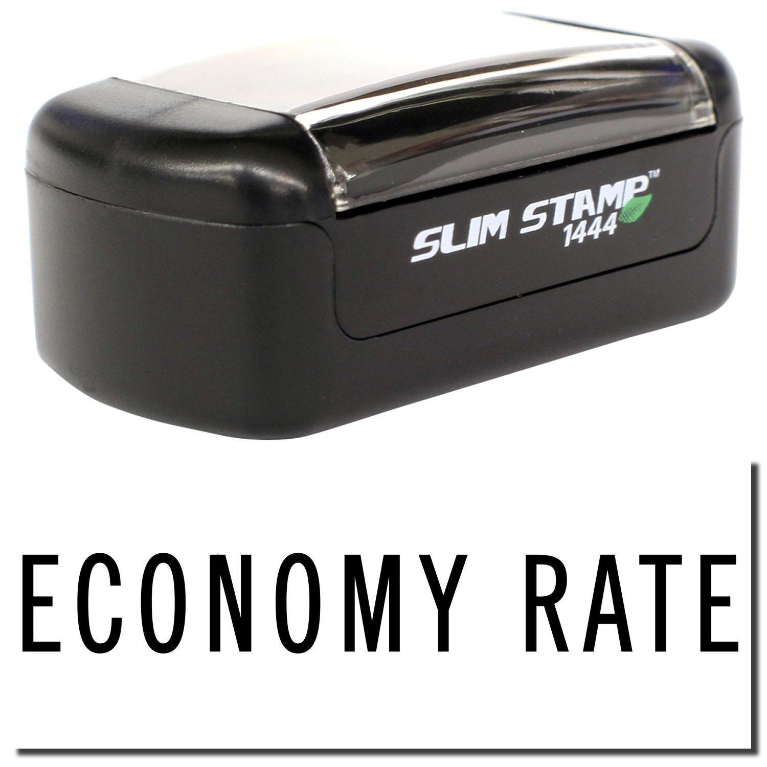 A stock office pre-inked stamp with a stamped image showing how the text "ECONOMY RATE" is displayed after stamping.