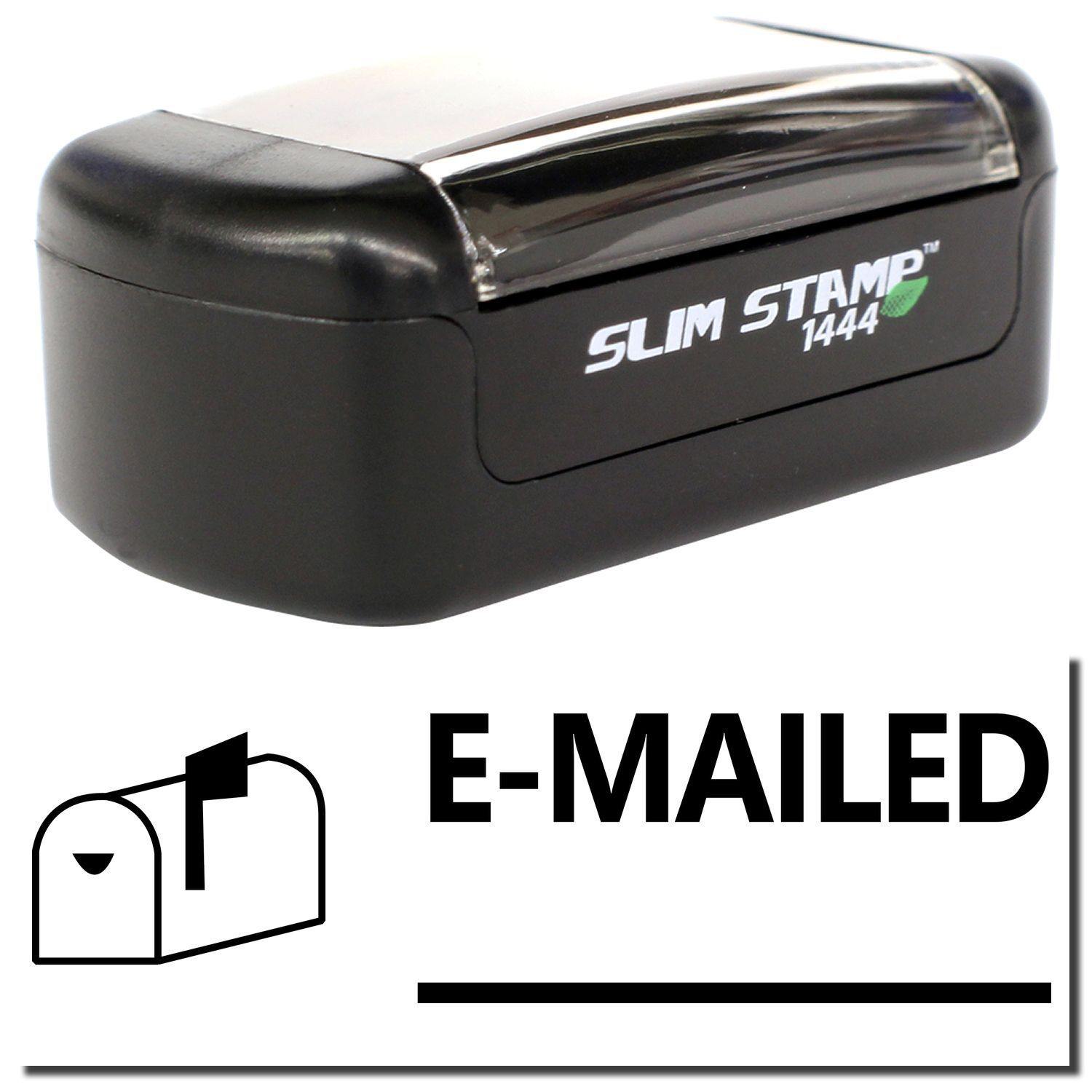 A stock office pre-inked stamp with a stamped image showing how the text E-MAILED with a line underneath the text and an image of a mailbox with the flag up on the left is displayed after stamping.