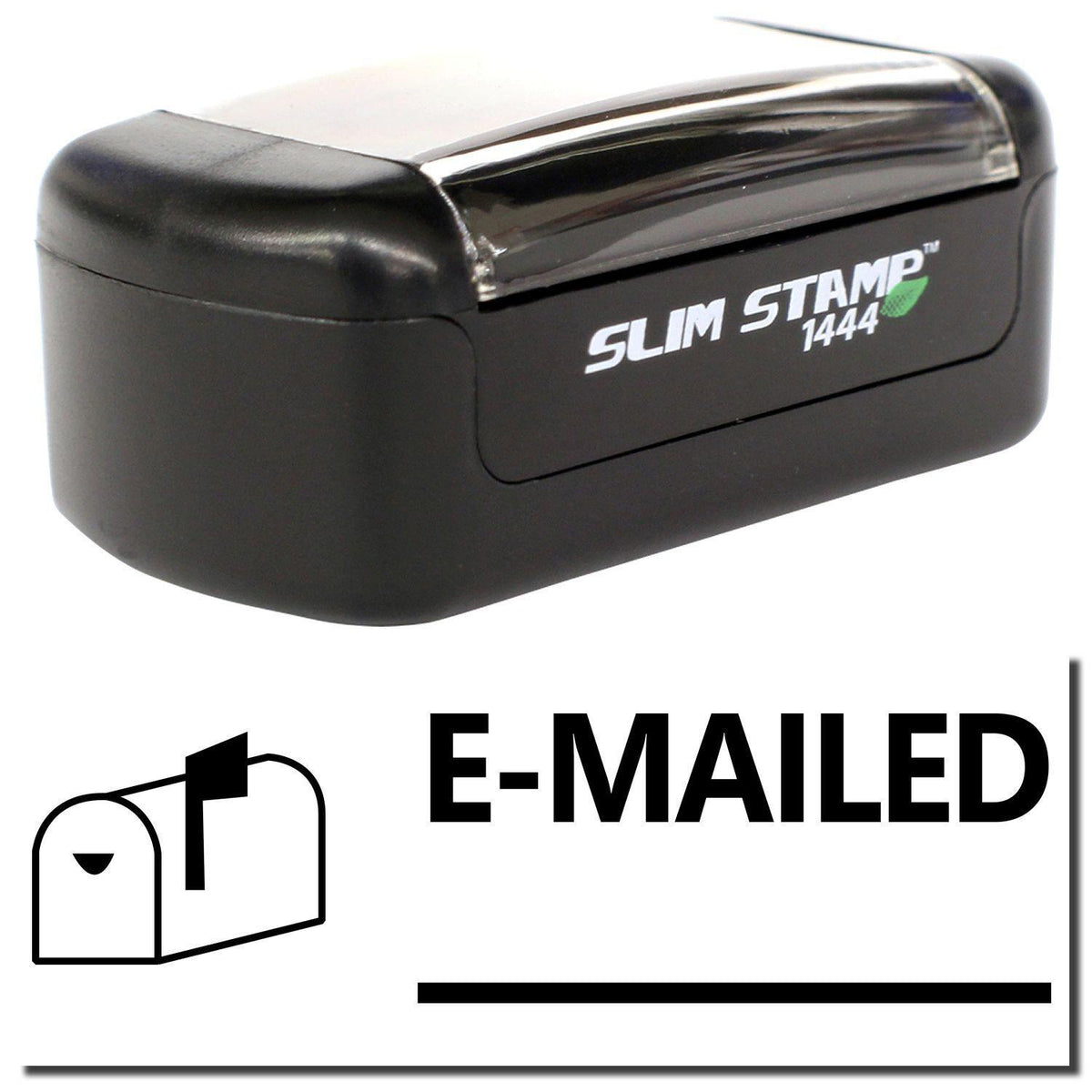 A stock office pre-inked stamp with a stamped image showing how the text &quot;E-MAILED&quot; with a line underneath the text and an image of a mailbox with the flag up on the left is displayed after stamping.