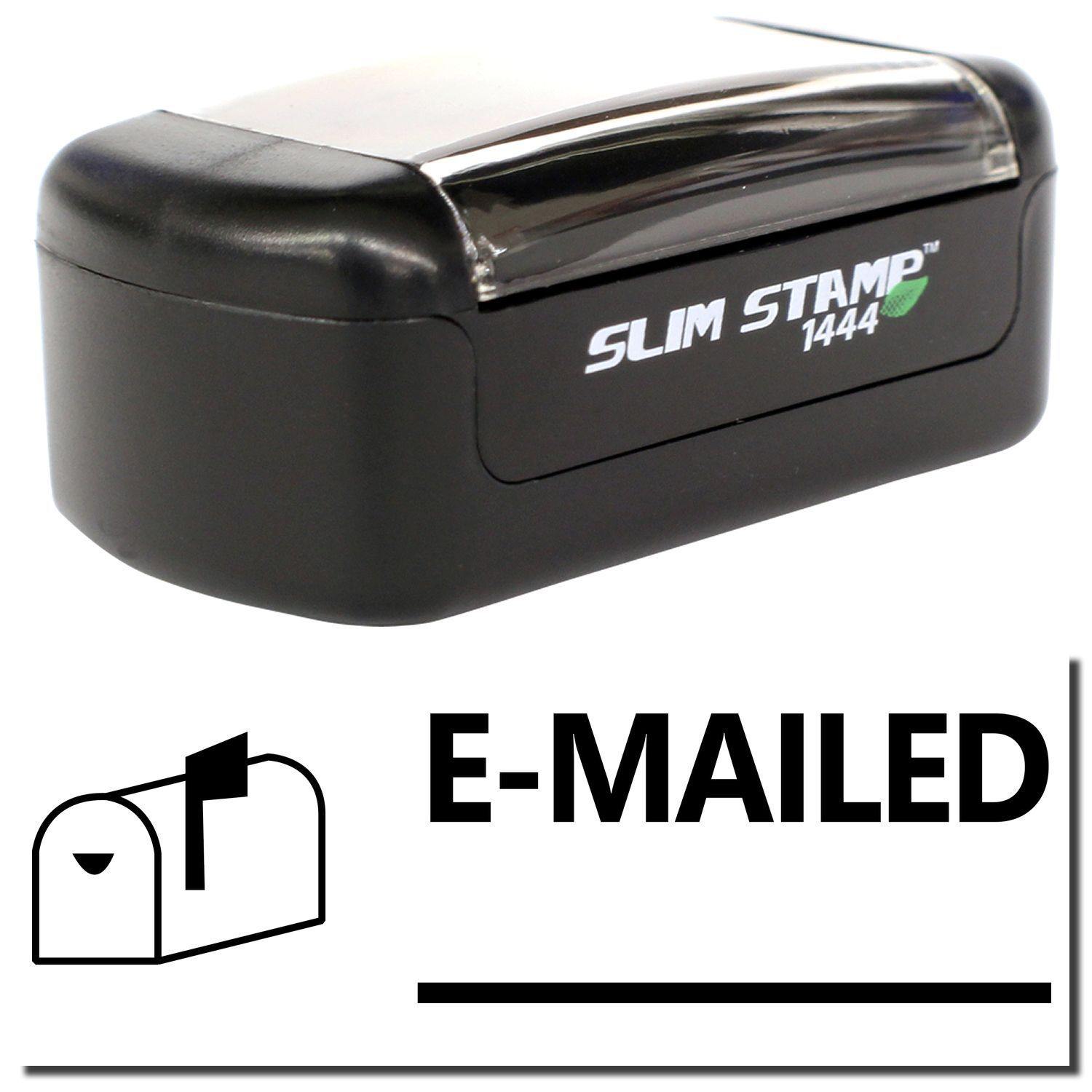 A stock office pre-inked stamp with a stamped image showing how the text "E-MAILED" with a line underneath the text and an image of a mailbox with the flag up on the left is displayed after stamping.