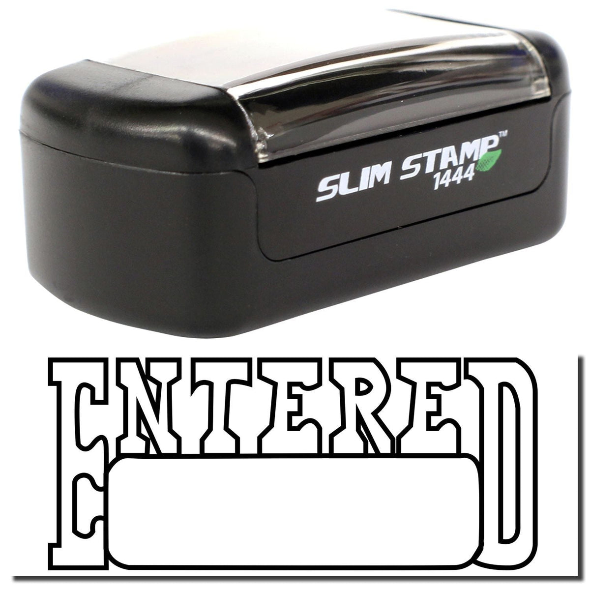 A stock office pre-inked stamp with a stamped image showing how the text &quot;ENTERED&quot; in an outline font with a date box is displayed after stamping.
