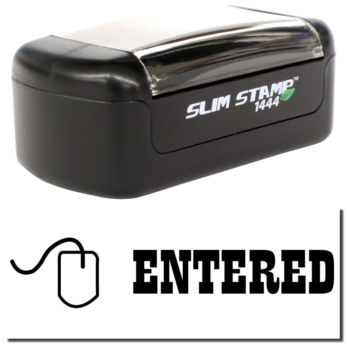 A stock office pre-inked stamp with a stamped image showing how the text &quot;ENTERED&quot; with a small icon of a mouse on the left side is displayed after stamping.