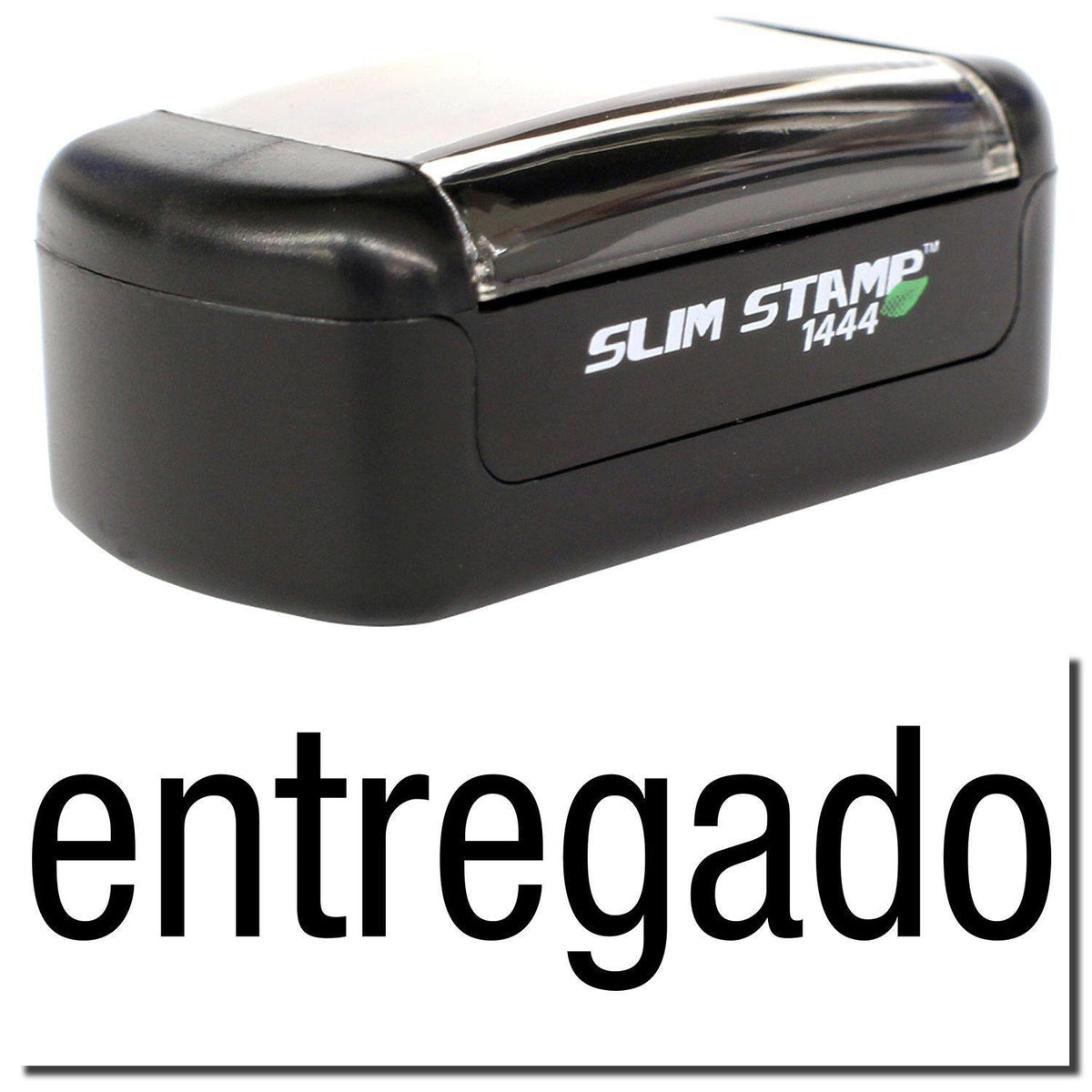 A stock office pre-inked stamp with a stamped image showing how the text &quot;entregado&quot; is displayed after stamping.