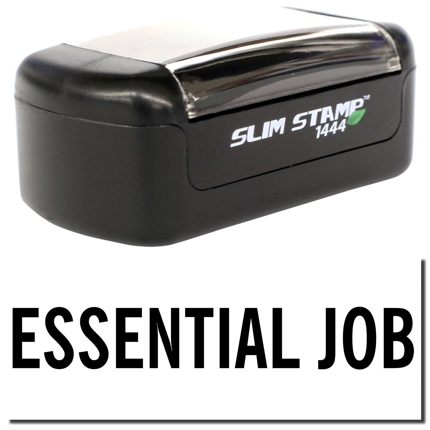 A stock office pre-inked stamp with a stamped image showing how the text ESSENTIAL JOB is displayed after stamping.