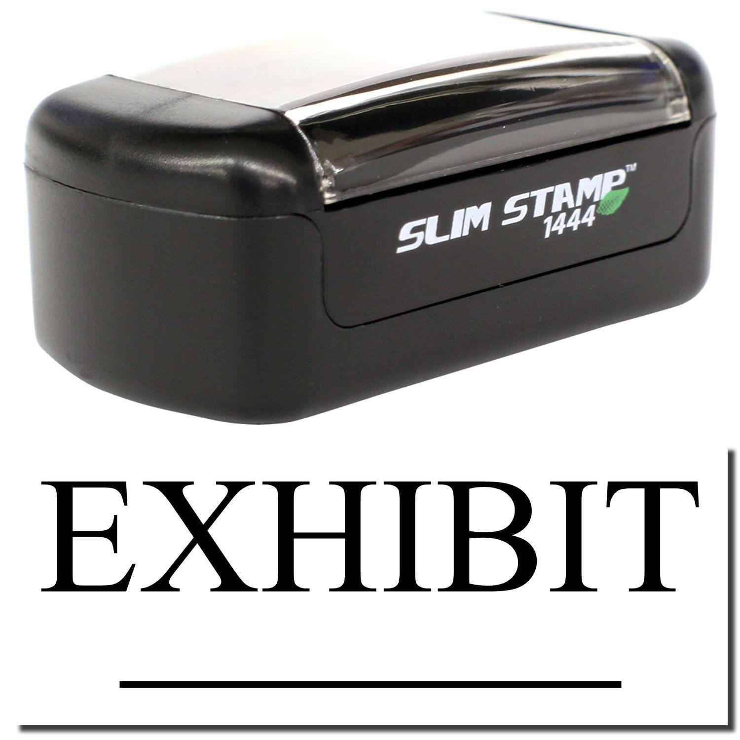 A stock office pre-inked stamp with a stamped image showing how the text "EXHIBIT" with a line underneath the text is displayed after stamping.