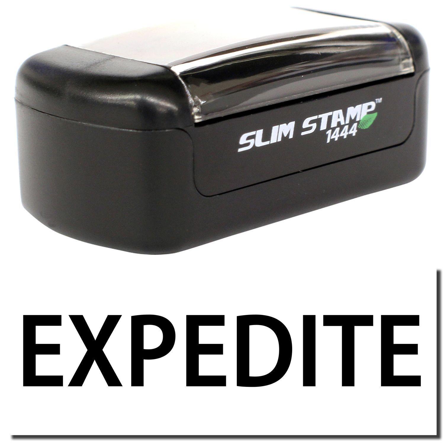 A stock office pre-inked stamp with a stamped image showing how the text "EXPEDITE" is displayed after stamping.