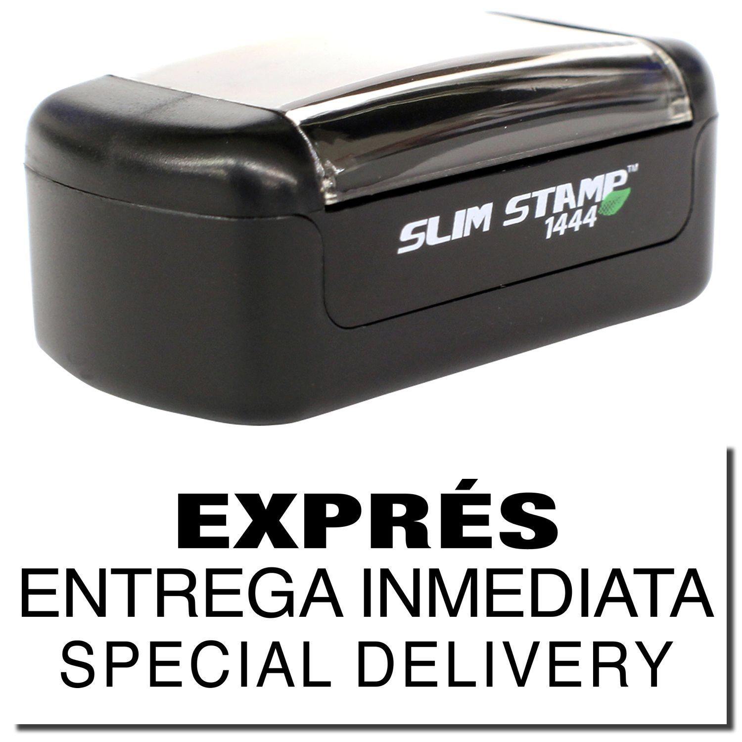 A stock office pre-inked stamp with a stamped image showing how the text EXPRES ENTREGA INMEDIATA SPECIAL DELIVERY is displayed after stamping.