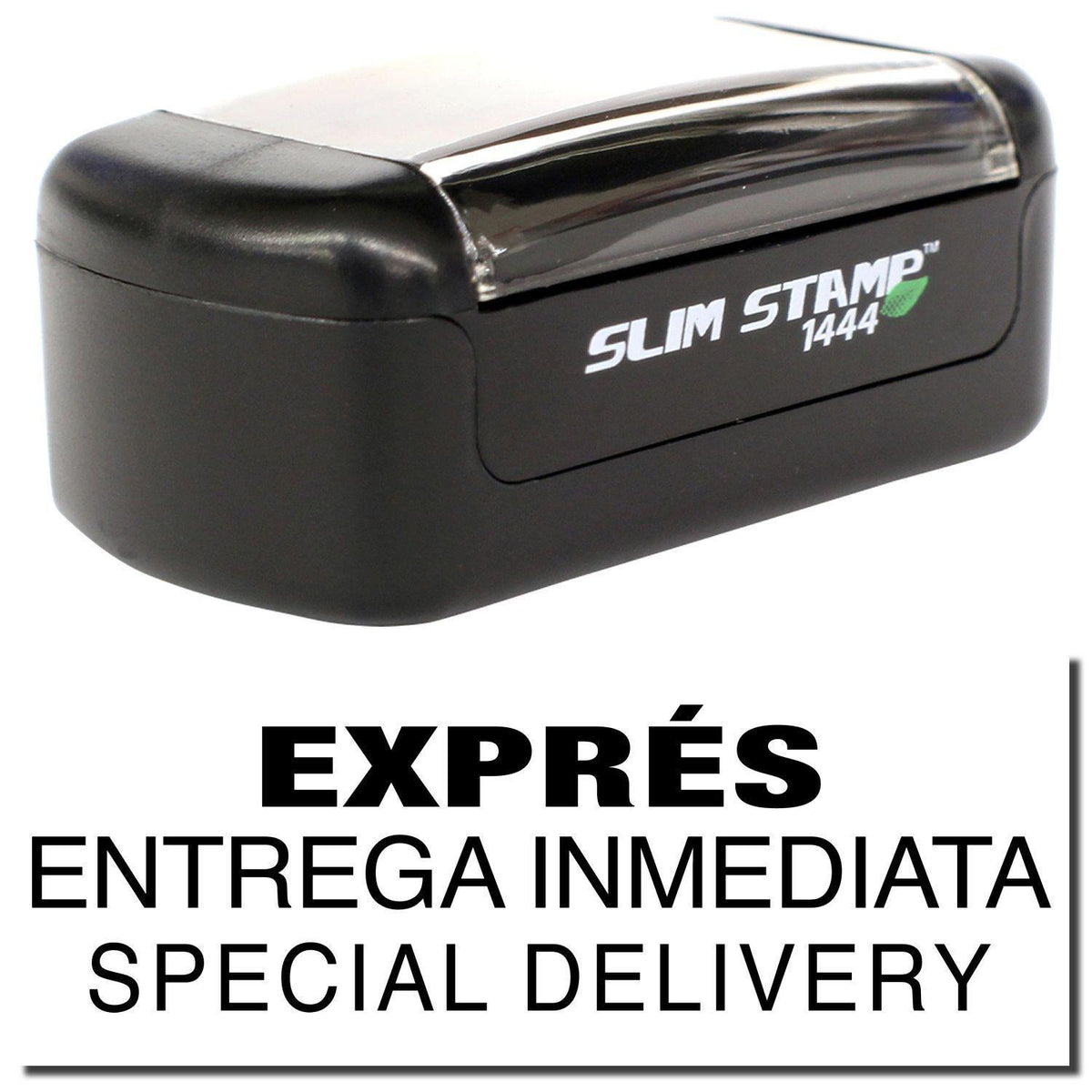 A stock office pre-inked stamp with a stamped image showing how the text &quot;EXPRES ENTREGA INMEDIATA SPECIAL DELIVERY&quot; is displayed after stamping.