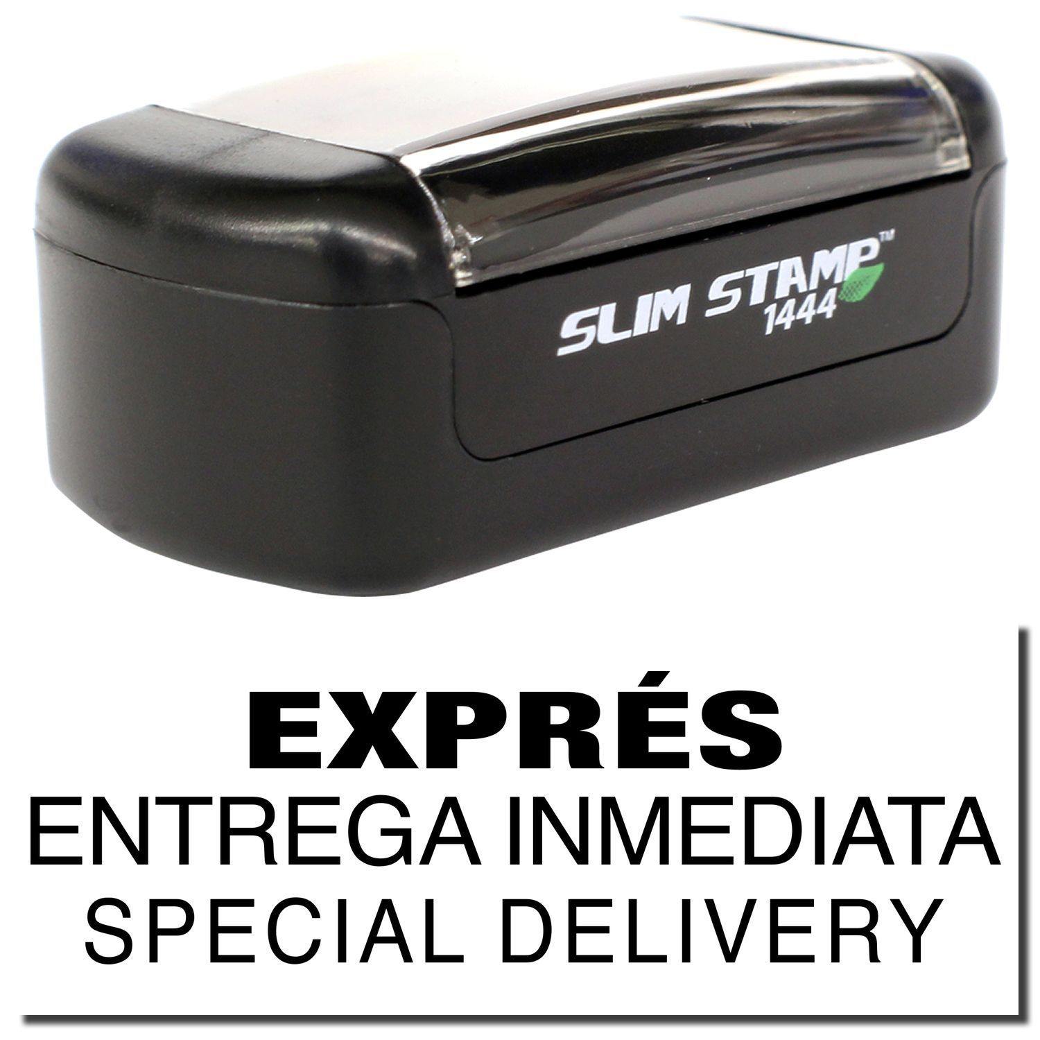 A stock office pre-inked stamp with a stamped image showing how the text "EXPRES ENTREGA INMEDIATA SPECIAL DELIVERY" is displayed after stamping.