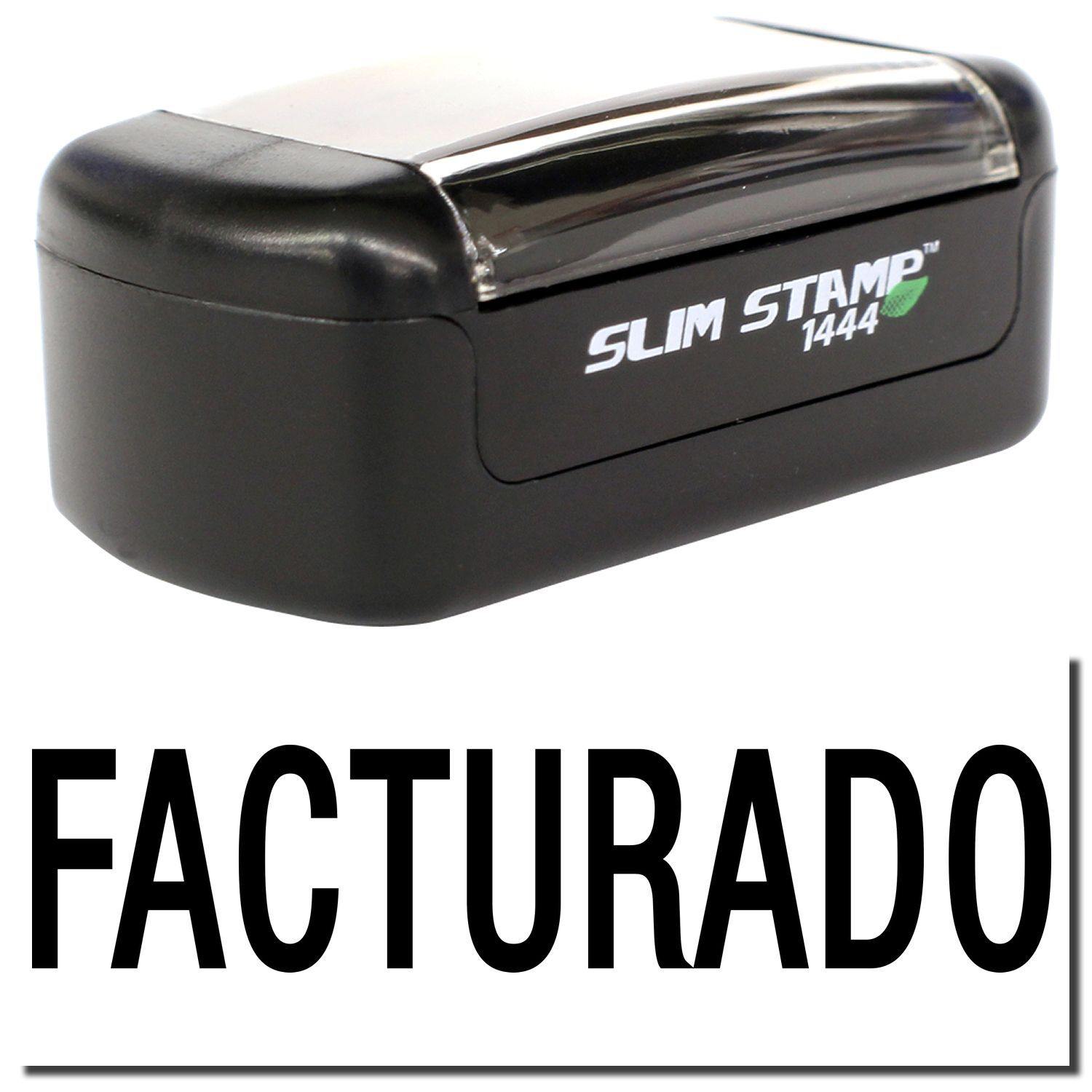 A stock office pre-inked stamp with a stamped image showing how the text FACTURADO is displayed after stamping.