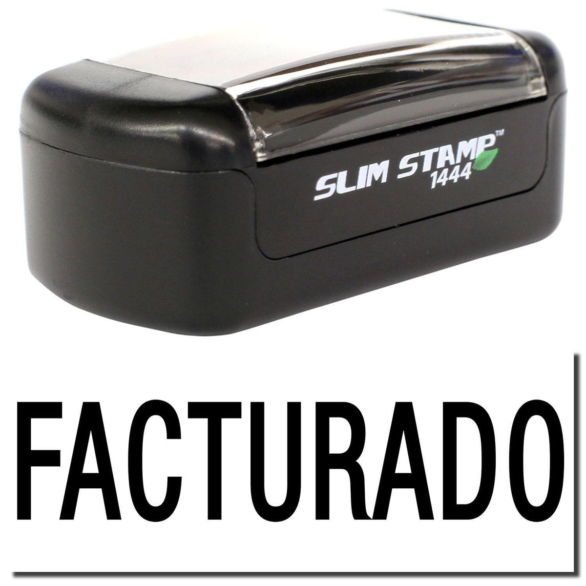 A stock office pre-inked stamp with a stamped image showing how the text &quot;FACTURADO&quot; is displayed after stamping.
