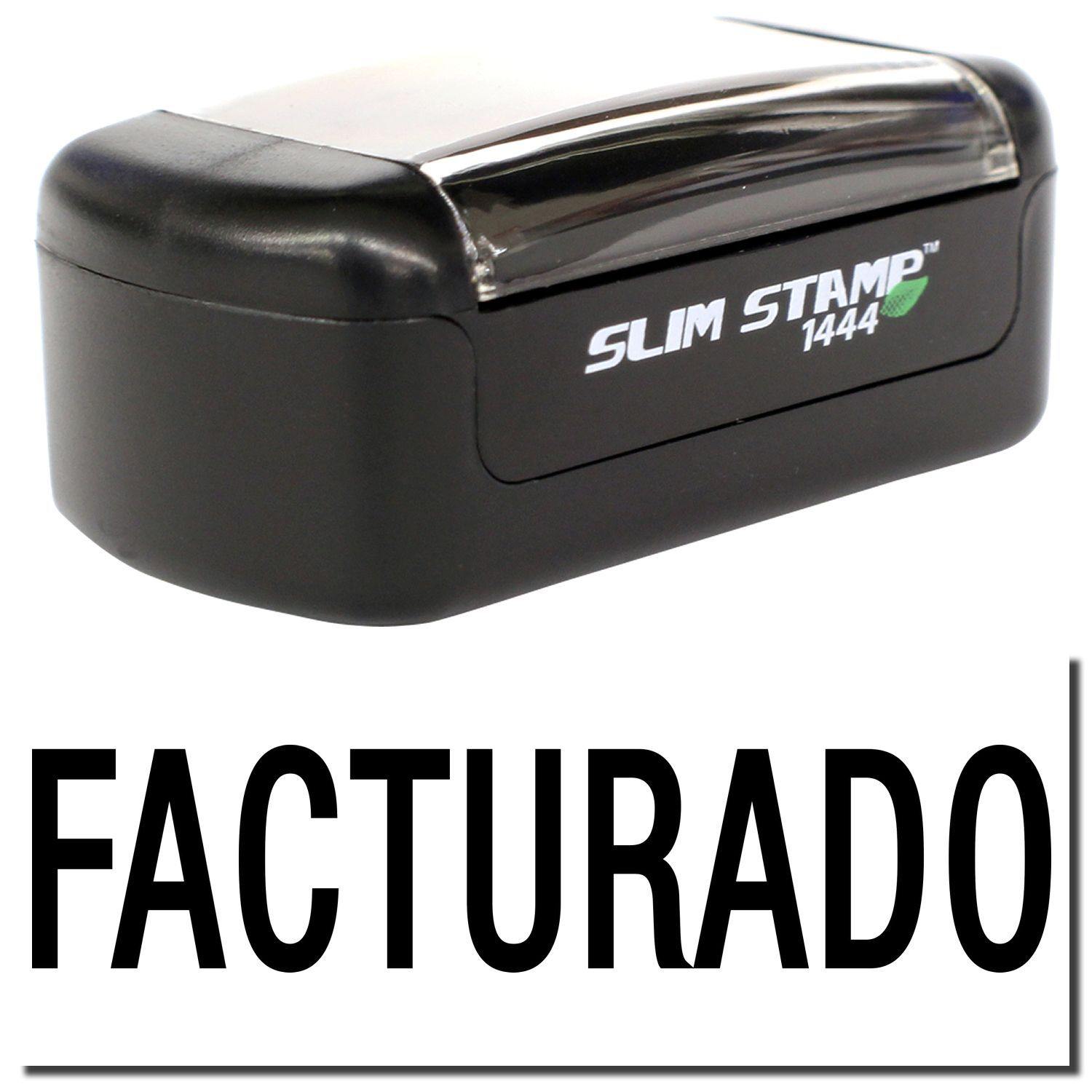 A stock office pre-inked stamp with a stamped image showing how the text "FACTURADO" is displayed after stamping.