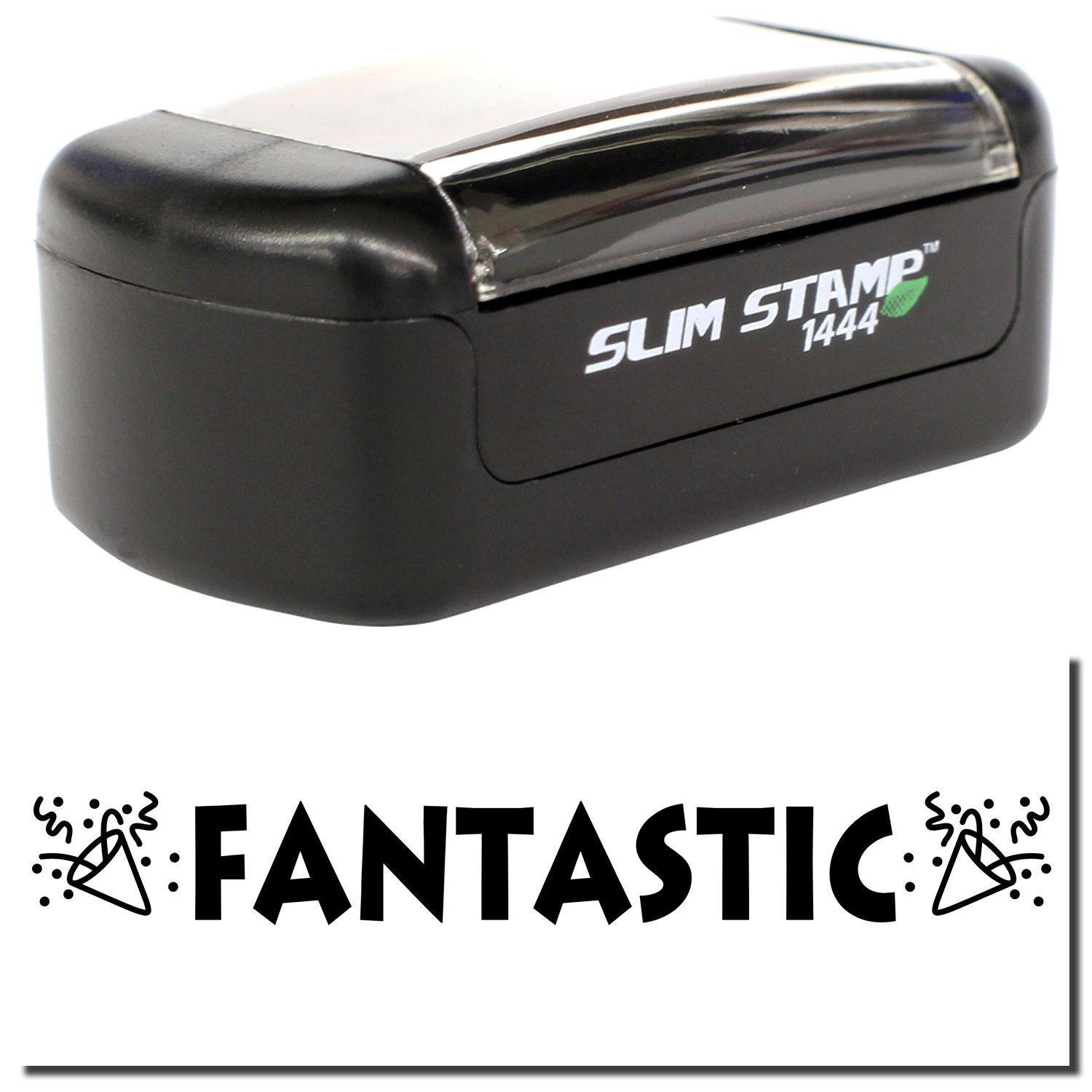 A stock office pre-inked stamp with a stamped image showing how the text FANTASTIC in bold, jagged letters and noise blowers icons on each side of the text is displayed after stamping.