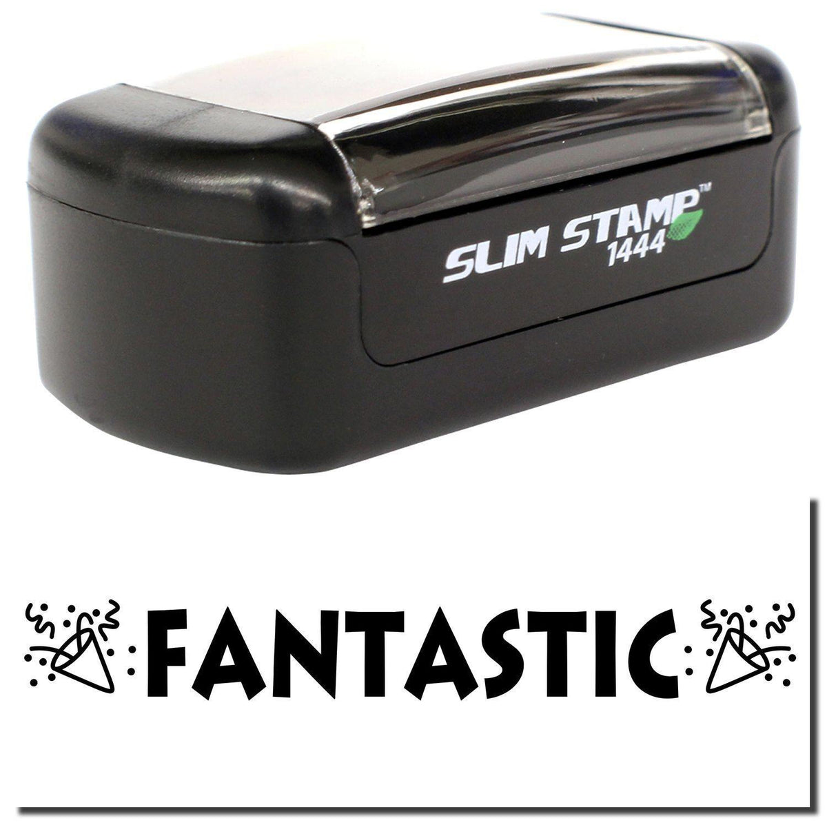 A stock office pre-inked stamp with a stamped image showing how the text &quot;FANTASTIC&quot; in bold, jagged letters and noise blowers icons on each side of the text is displayed after stamping.