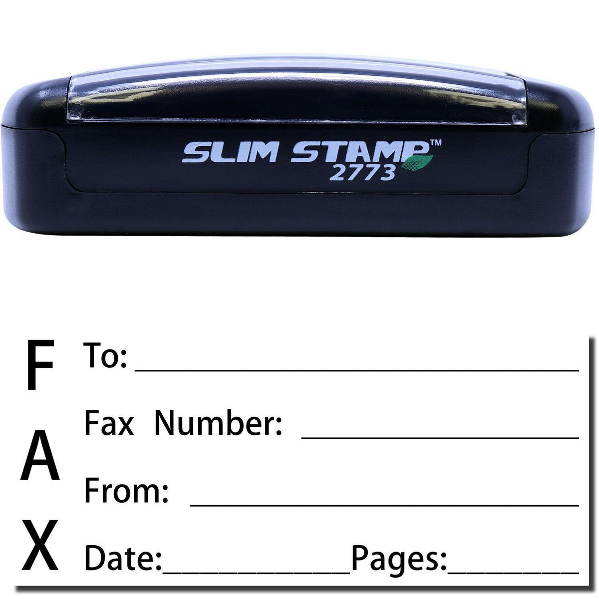 A stock office pre-inked stamp with a stamped image showing how the text &quot;FAX&quot; is displayed vertically with a form for filling in details of fax like whom the fax is being sent to, fax number, who is sending the fax, date, and number of pages is shown after stamping from it.