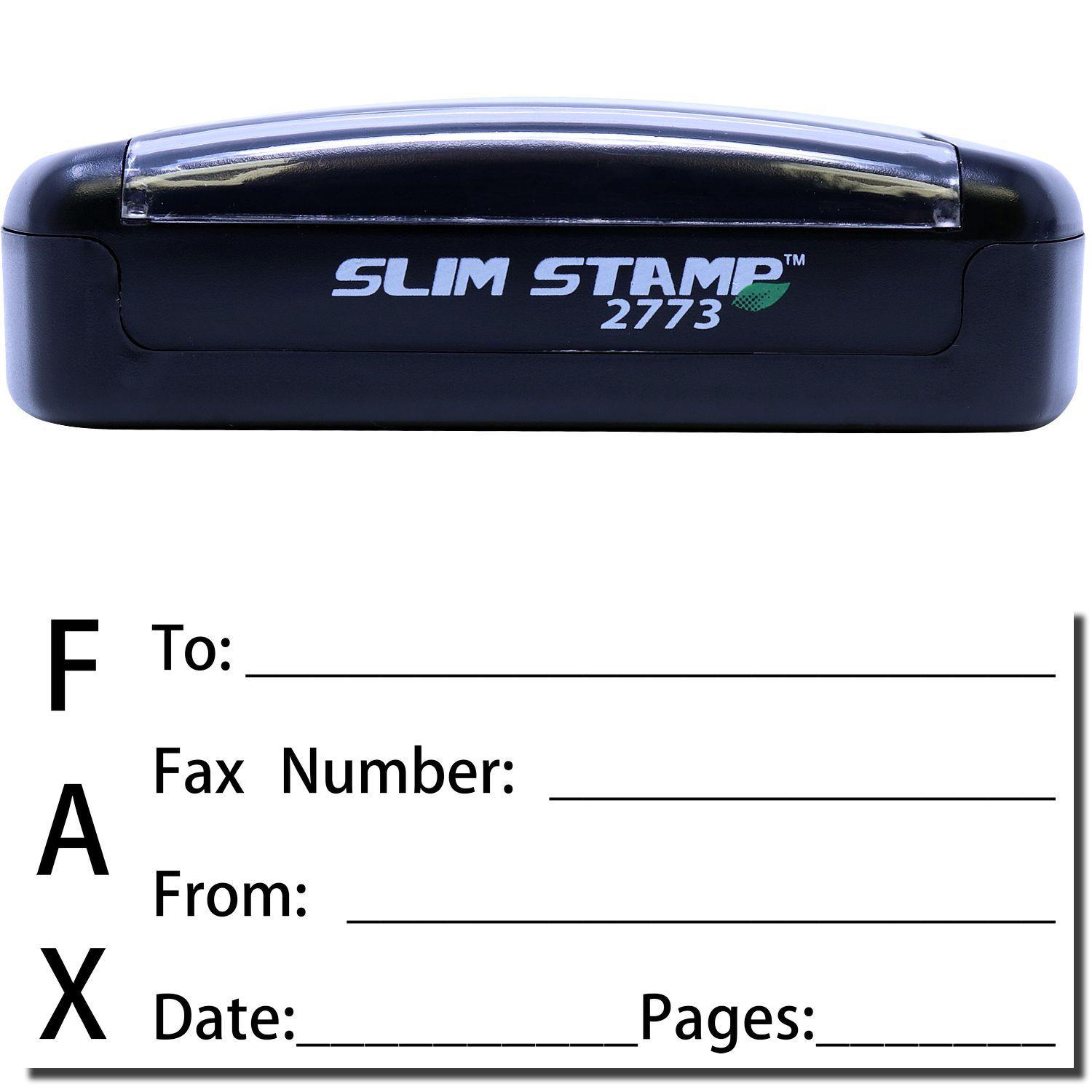 A stock office pre-inked stamp with a stamped image showing how the text "FAX" is displayed vertically with a form for filling in details of fax like whom the fax is being sent to, fax number, who is sending the fax, date, and number of pages is shown after stamping from it.