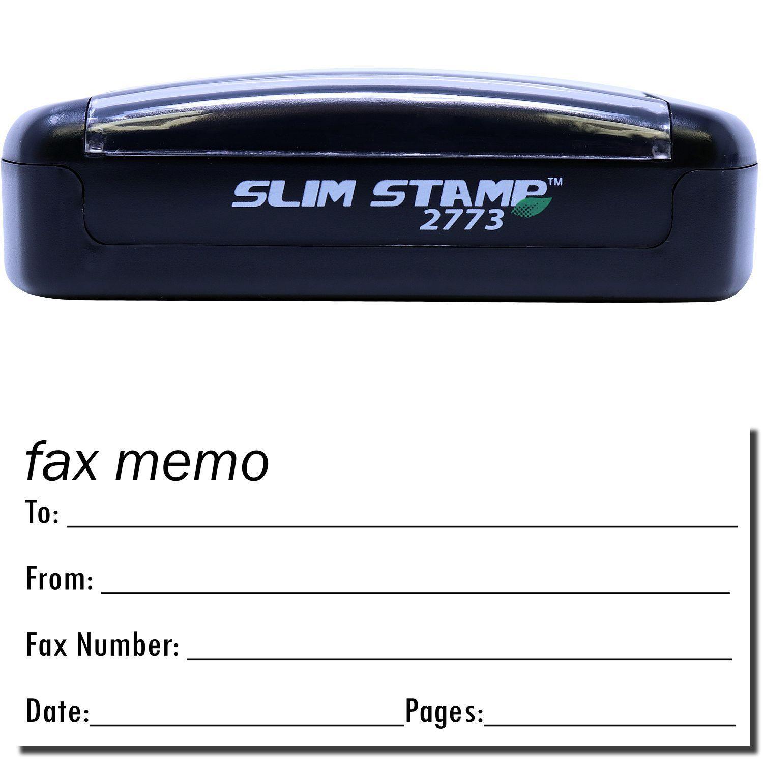 A stock office pre-inked stamp with a stamped image showing how the text "fax memo" is displayed horizontally with a form underneath for filling in details of the fax like whom the fax is being sent to, who is sending the fax, fax number, date, and number of pages is shown after stamping from it.