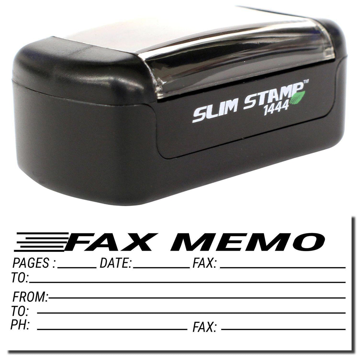 A stock office pre-inked stamp with a stamped image showing how the text &quot;FAX MEMO&quot; is displayed horizontally with a form underneath for filling in various details of the fax is shown after stamping from it.