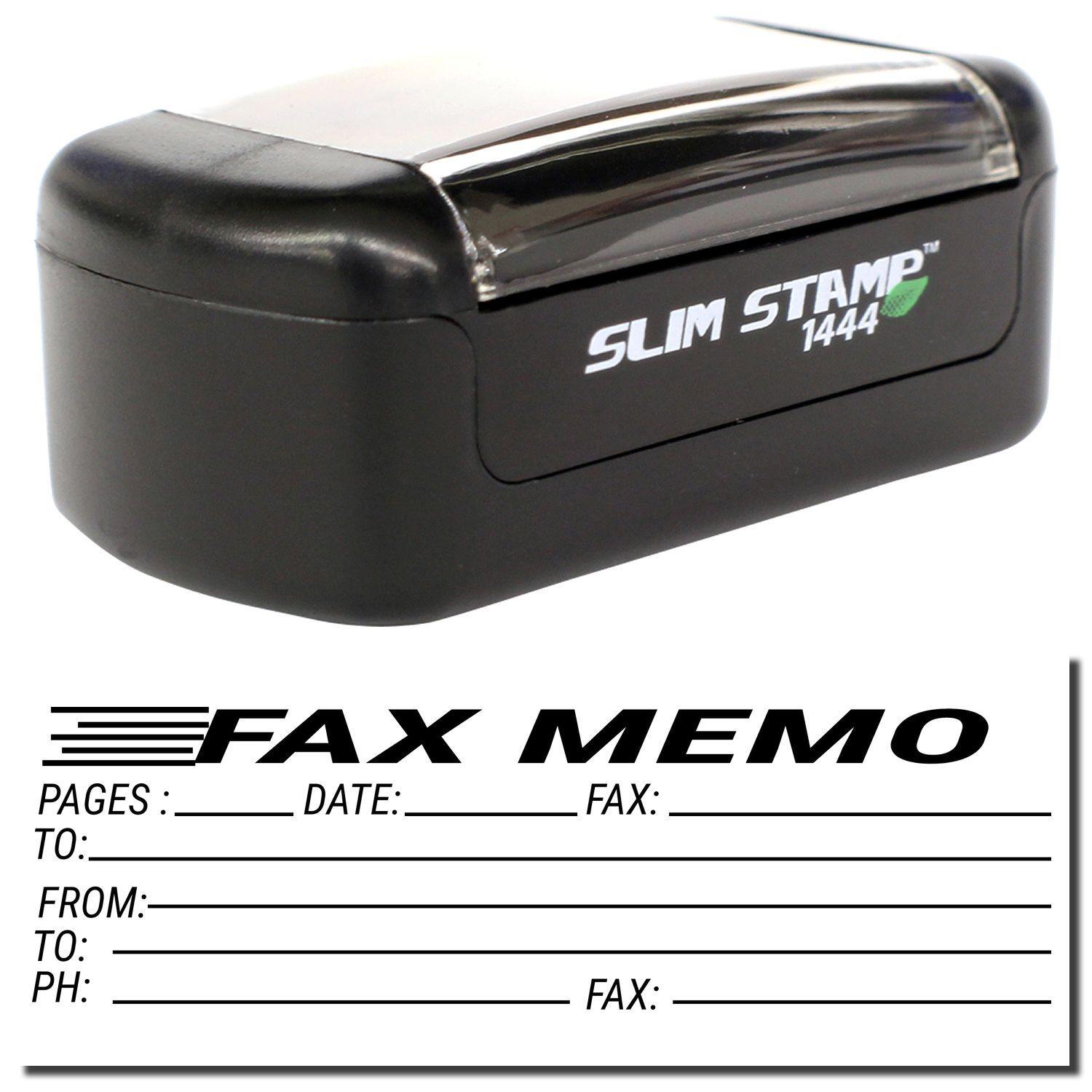 A stock office pre-inked stamp with a stamped image showing how the text "FAX MEMO" is displayed horizontally with a form underneath for filling in various details of the fax is shown after stamping from it.