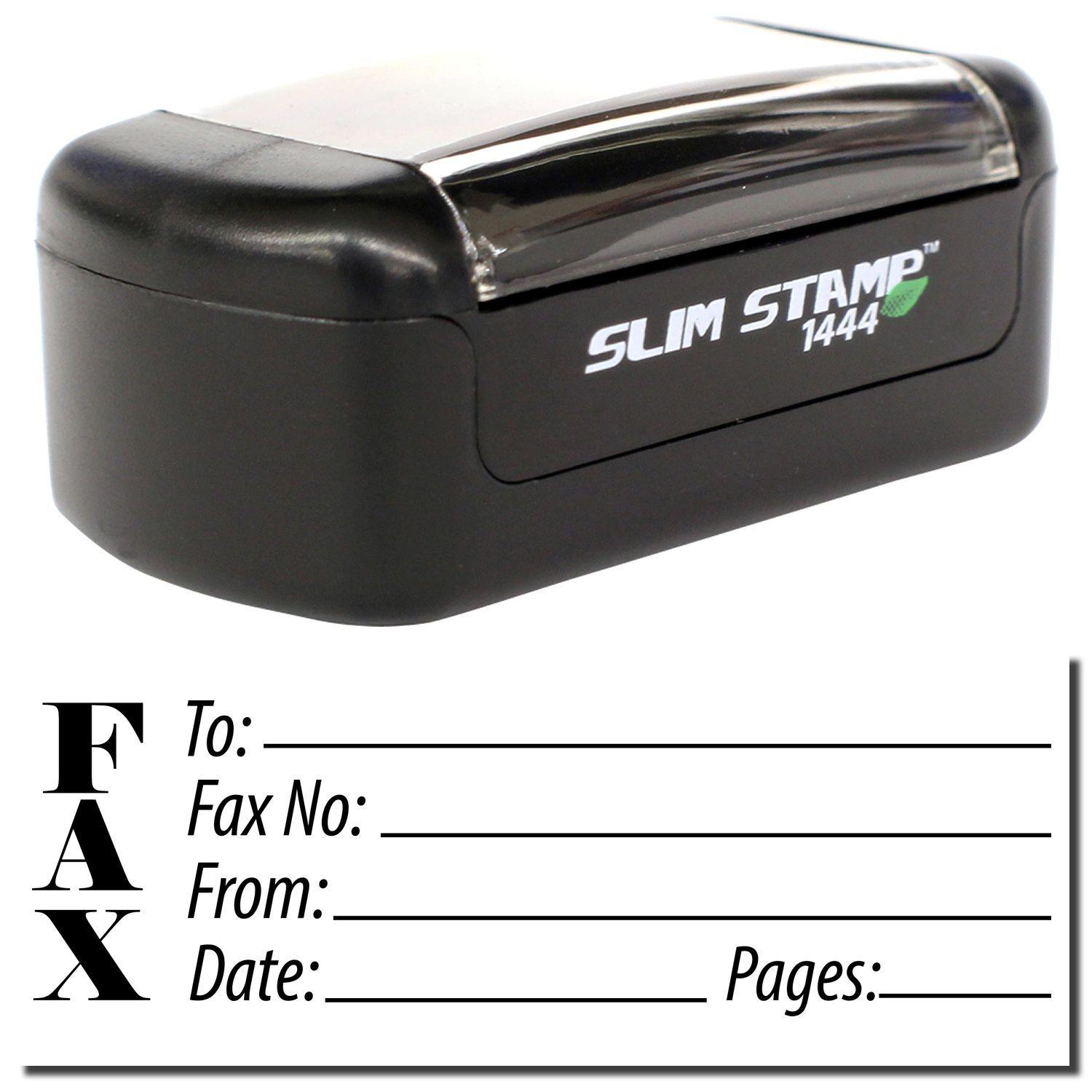 A stock office pre-inked stamp with a stamped image showing how the text FAX is displayed vertically with a form for filling in details of the fax like whom the fax is being sent to, fax number, who is sending the fax, date, and number of pages is shown after stamping from it.