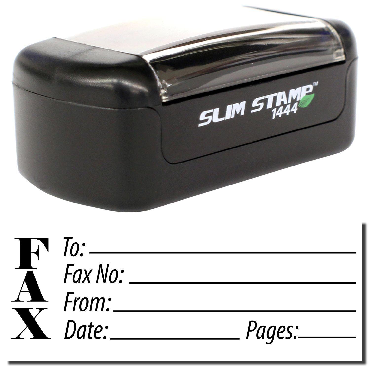 A stock office pre-inked stamp with a stamped image showing how the text "FAX" is displayed vertically with a form for filling in details of the fax like whom the fax is being sent to, fax number, who is sending the fax, date, and number of pages is shown after stamping from it.