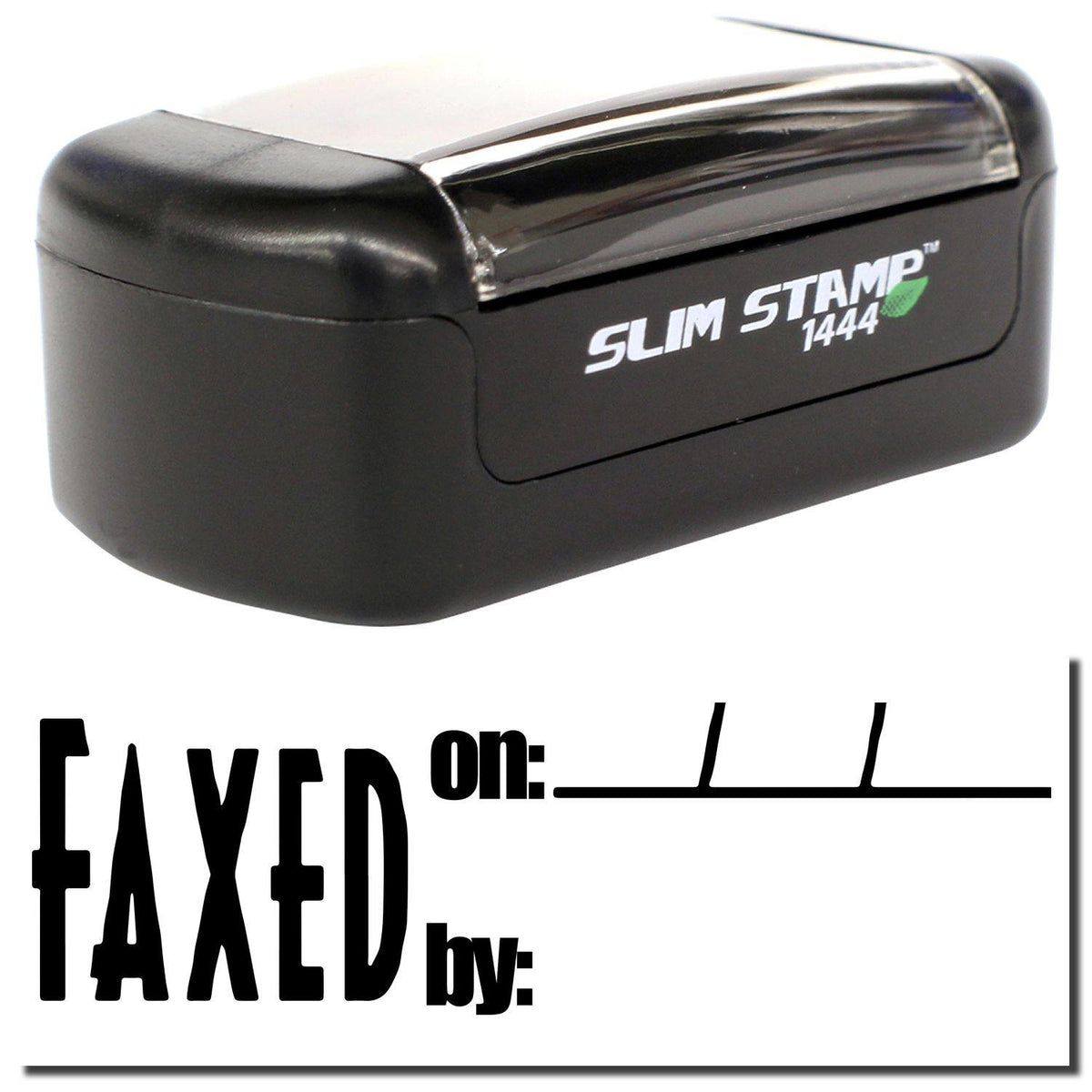 A stock office pre-inked stamp with a stamped image showing how the text &quot;FAXED on:&quot; in bold font with a space for writing the date and name of the person (by:) is displayed after stamping.