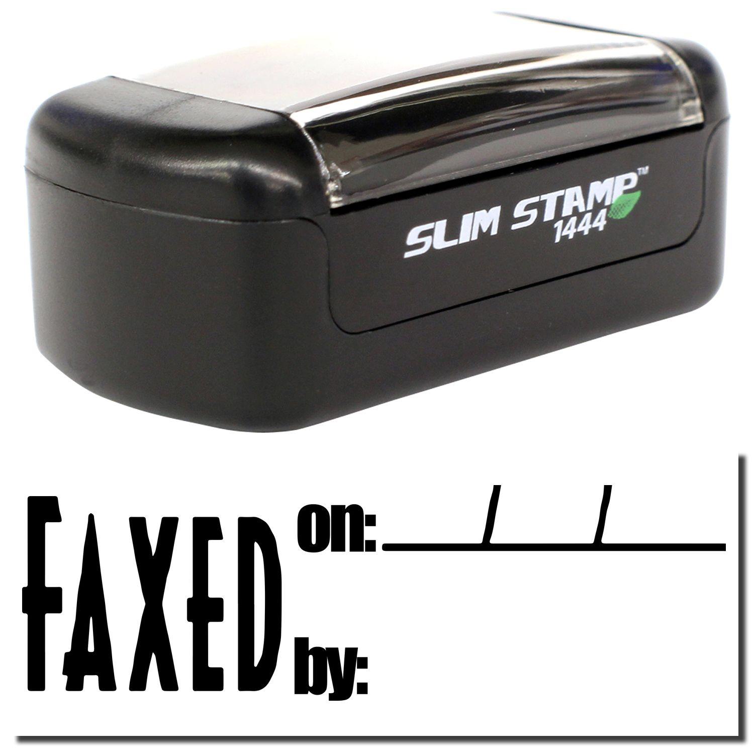 A stock office pre-inked stamp with a stamped image showing how the text "FAXED on:" in bold font with a space for writing the date and name of the person (by:) is displayed after stamping.