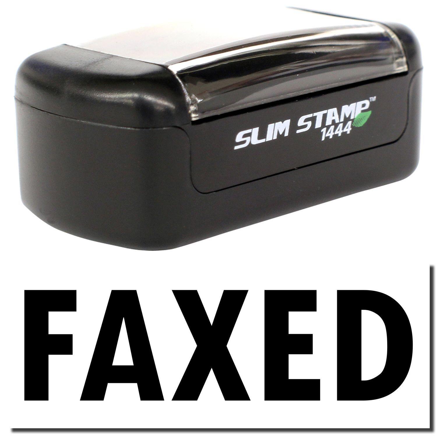 A stock office pre-inked stamp with a stamped image showing how the text "FAXED" is displayed after stamping.