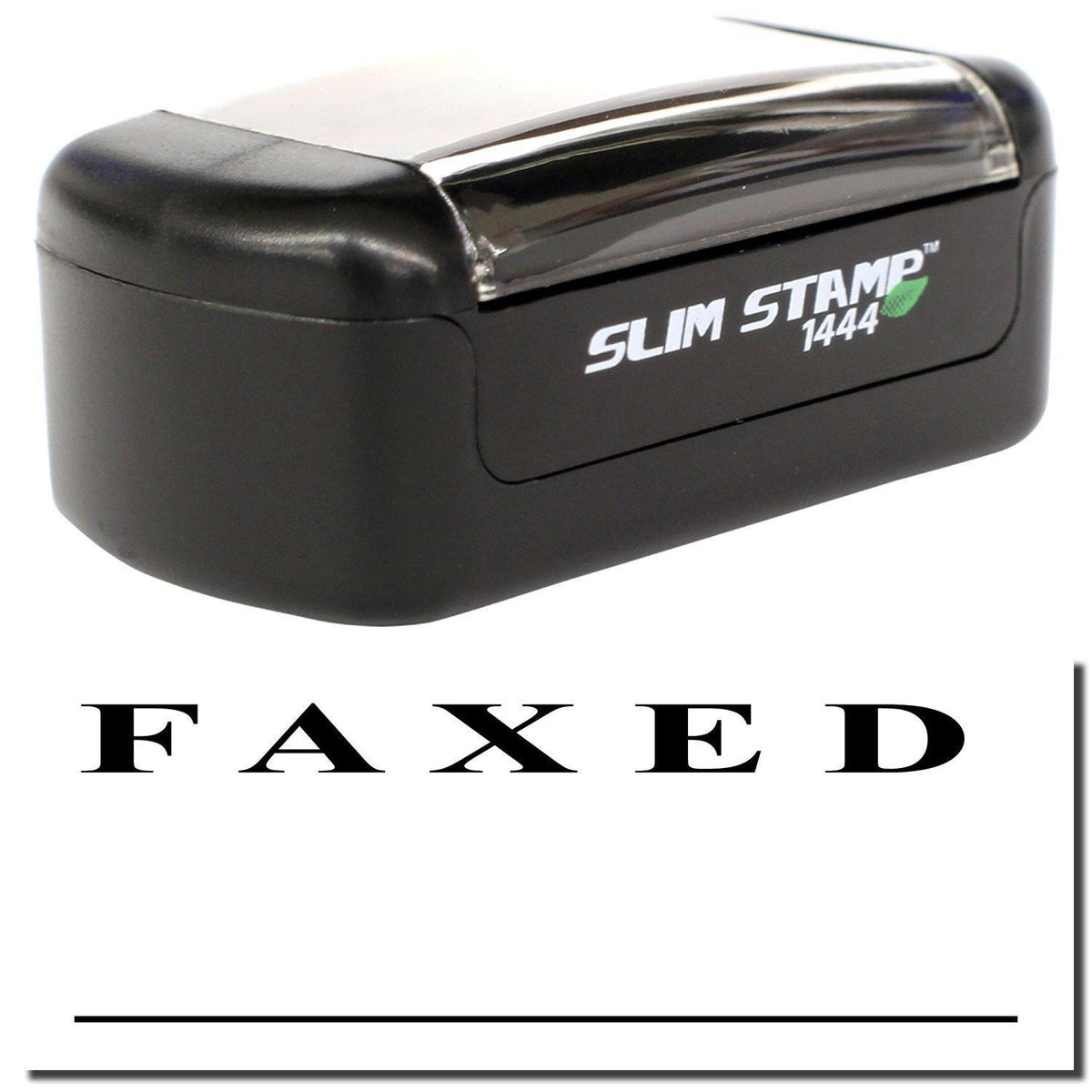 A stock office pre-inked stamp with a stamped image showing how the text &quot;FAXED&quot; with a line underneath the text is displayed after stamping.