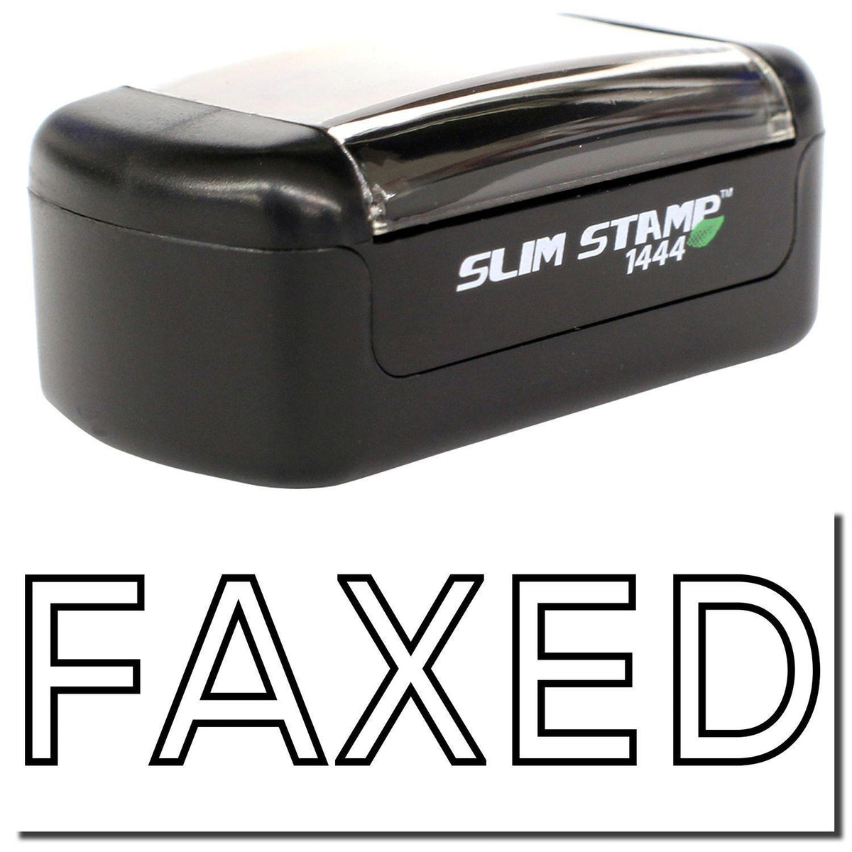 A stock office pre-inked stamp with a stamped image showing how the text &quot;FAXED&quot; in an outline font is displayed after stamping.