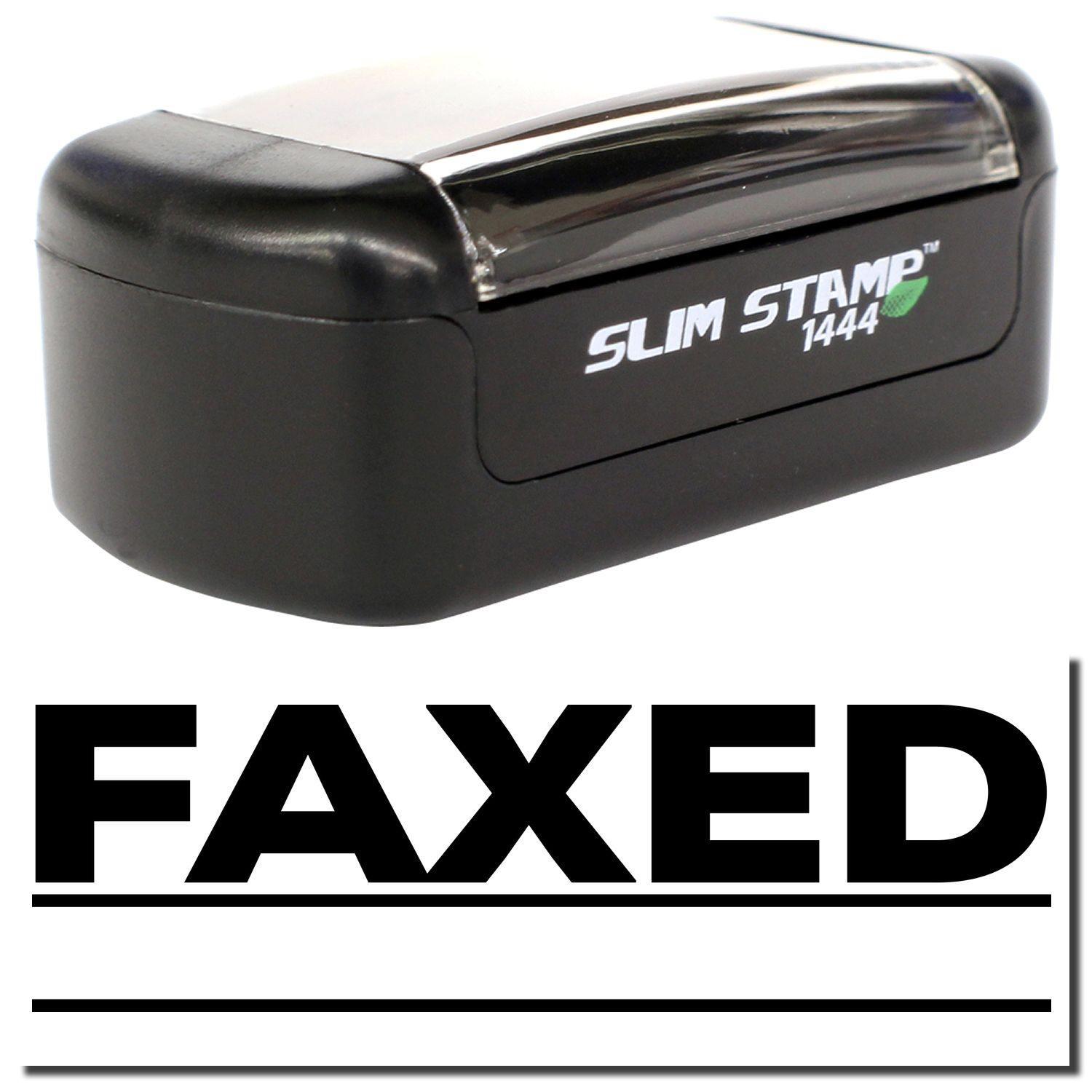 A stock office pre-inked stamp with a stamped image showing how the text "FAXED" with two lines underneath the text is displayed after stamping.