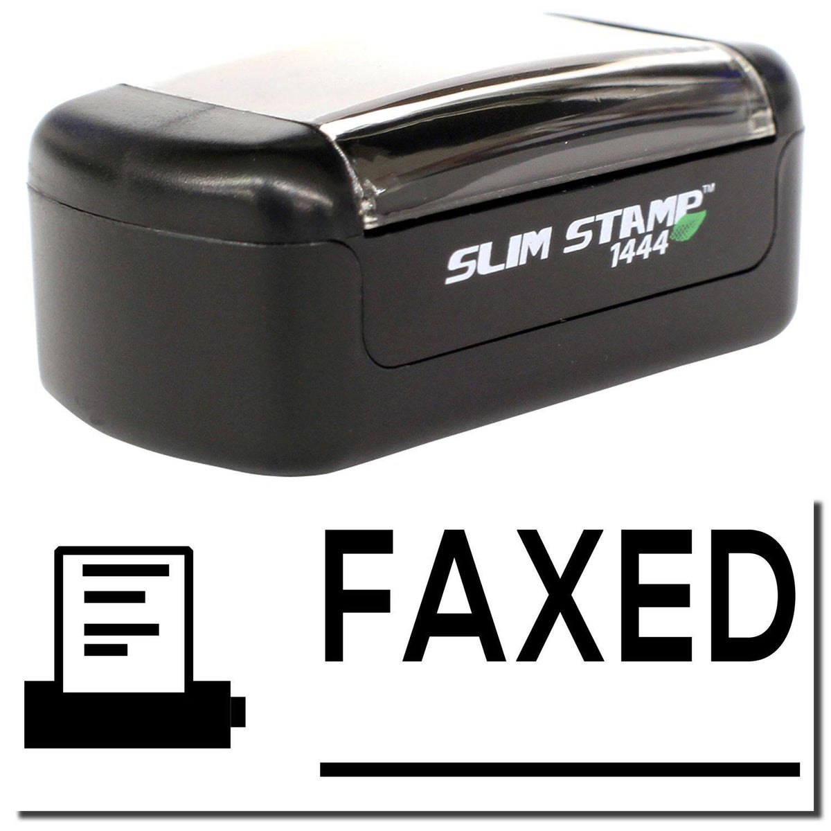 A stock office pre-inked stamp with a stamped image showing how the text &quot;FAXED&quot; with a line underneath the text and a machine icon on the left side is displayed after stamping.