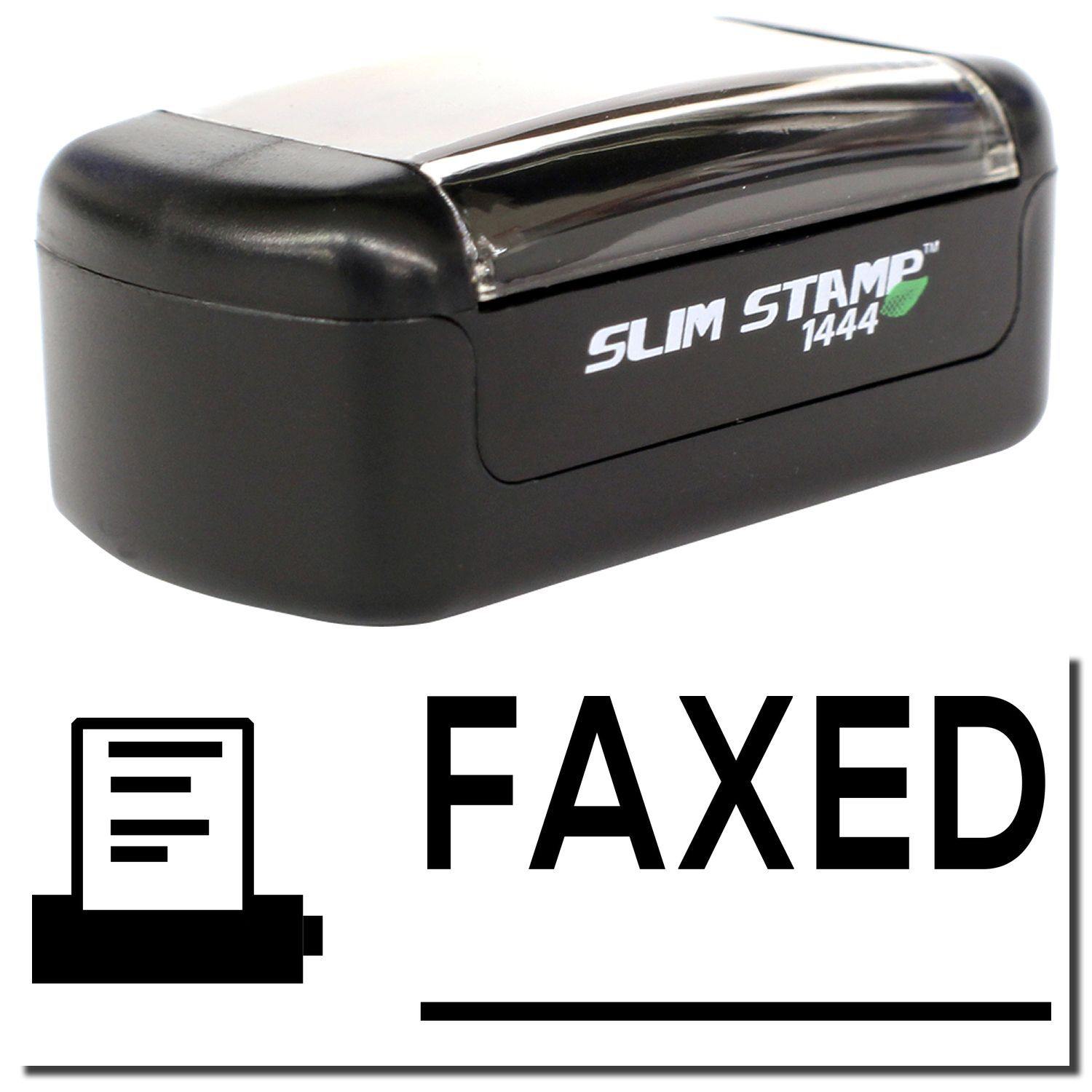 A stock office pre-inked stamp with a stamped image showing how the text "FAXED" with a line underneath the text and a machine icon on the left side is displayed after stamping.