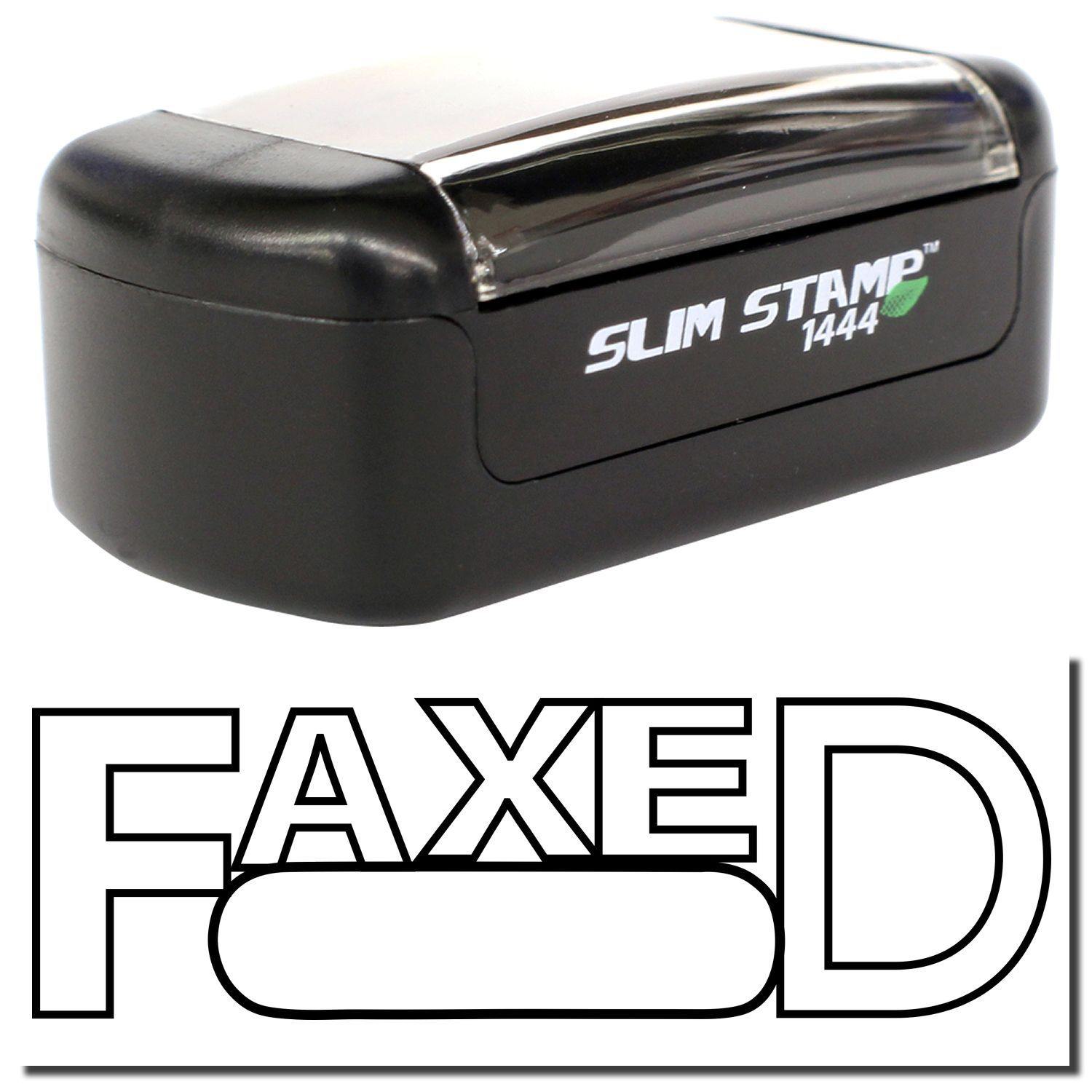 A stock office pre-inked stamp with a stamped image showing how the text FAXED in outline font and with a round date box is displayed after stamping.