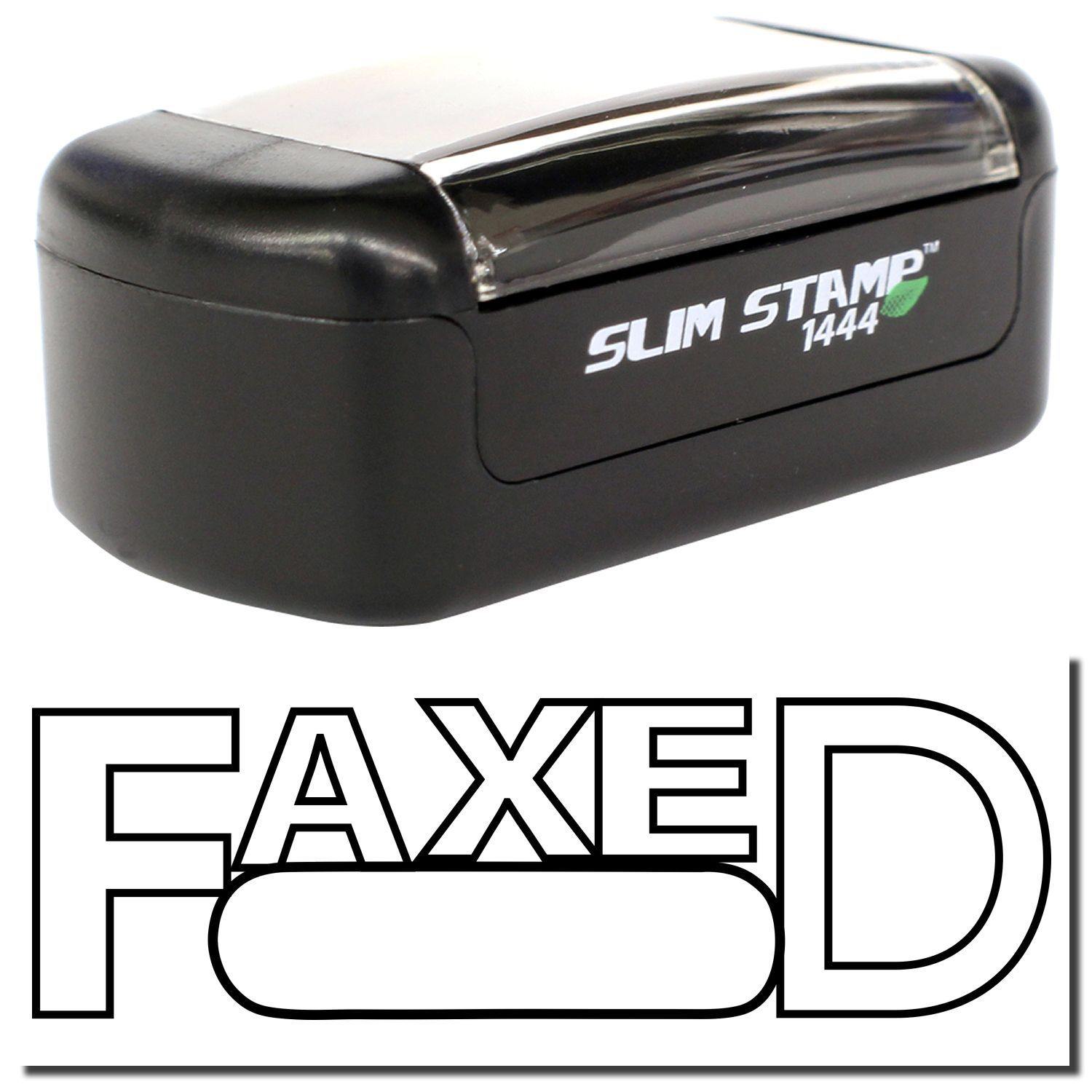 A stock office pre-inked stamp with a stamped image showing how the text "FAXED" in outline font and with a round date box is displayed after stamping.