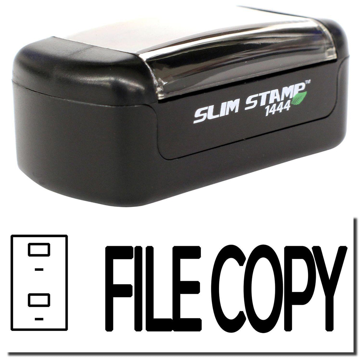 A stock office pre-inked stamp with a stamped image showing how the text &quot;FILE COPY&quot; with an icon of a drawer on the left side is displayed after stamping.