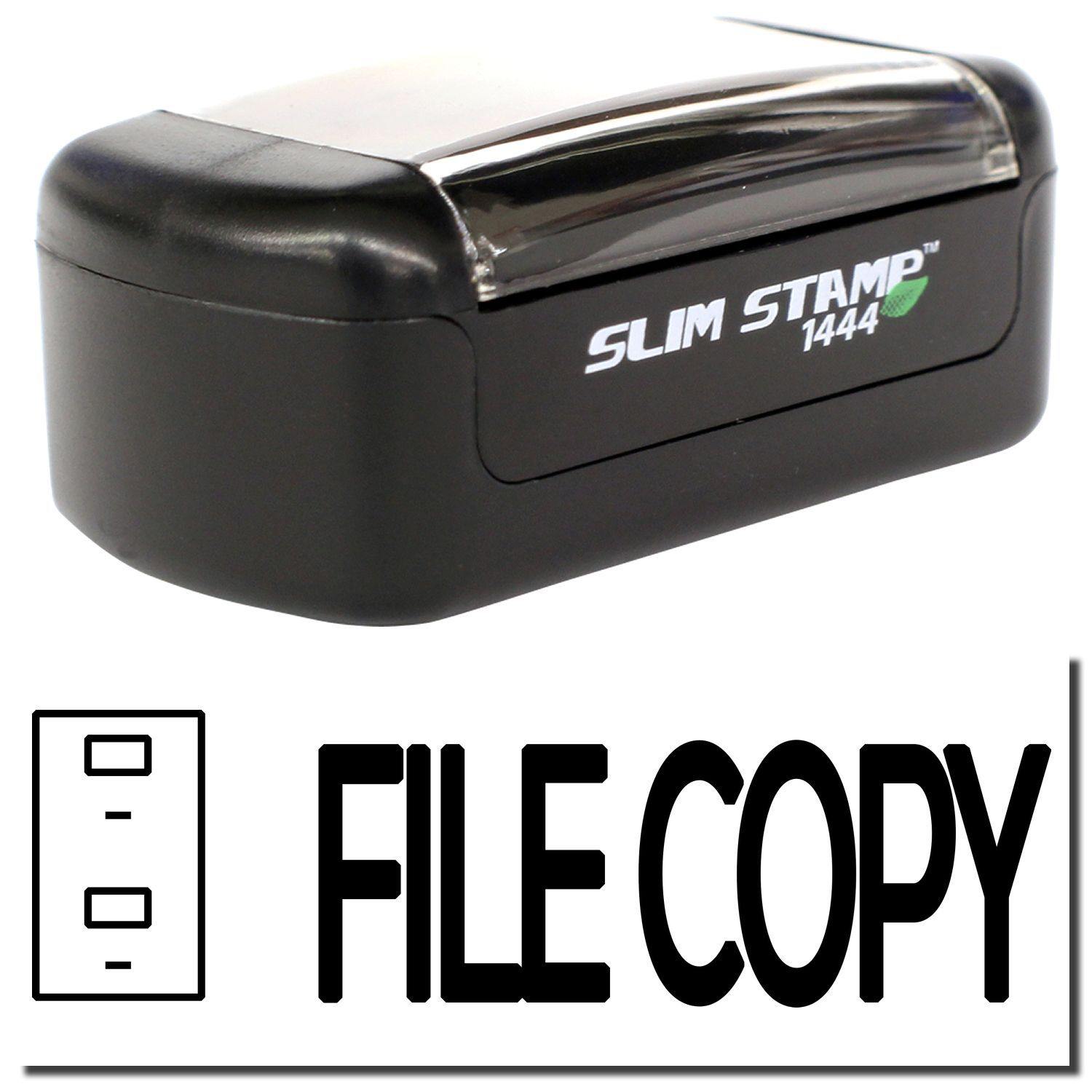 A stock office pre-inked stamp with a stamped image showing how the text "FILE COPY" with an icon of a drawer on the left side is displayed after stamping.