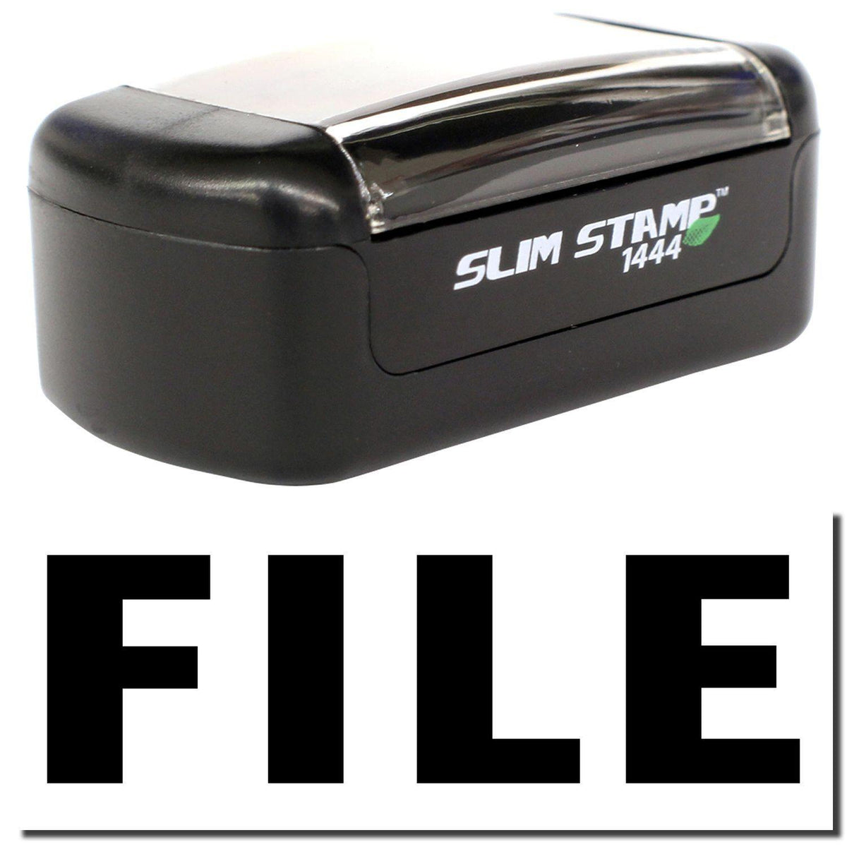 A stock office pre-inked stamp with a stamped image showing how the text &quot;FILE&quot; is displayed after stamping.