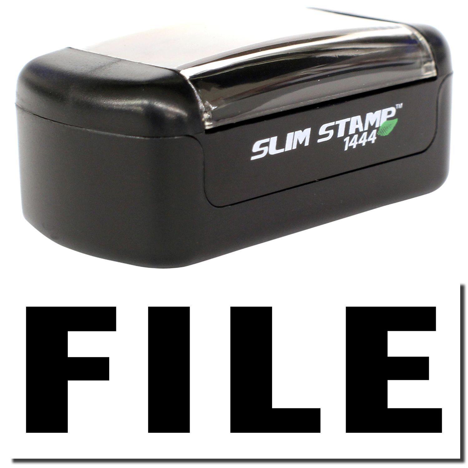 A stock office pre-inked stamp with a stamped image showing how the text "FILE" is displayed after stamping.