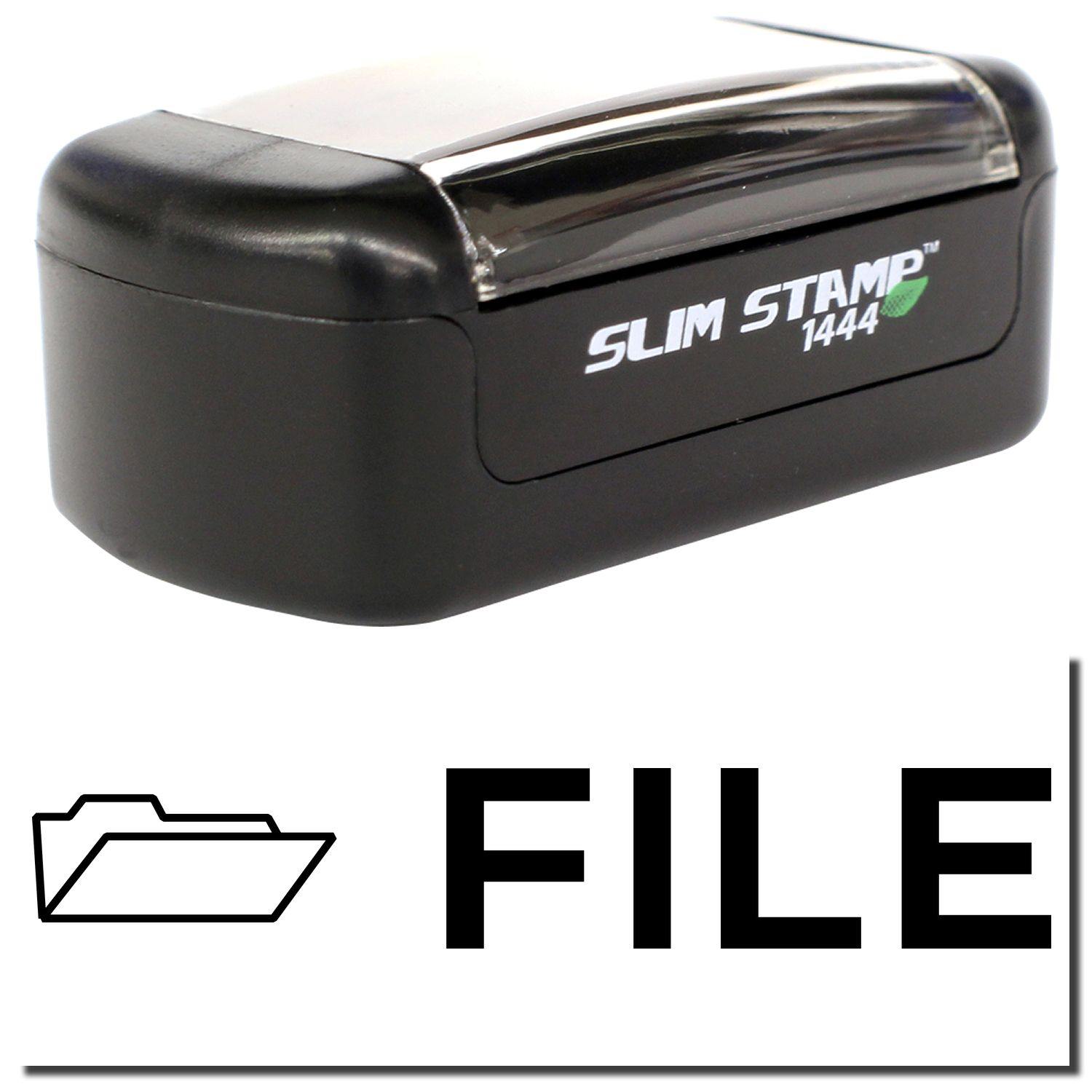 A stock office pre-inked stamp with a stamped image showing how the text FILE with an icon of a folder on the left side is displayed after stamping.