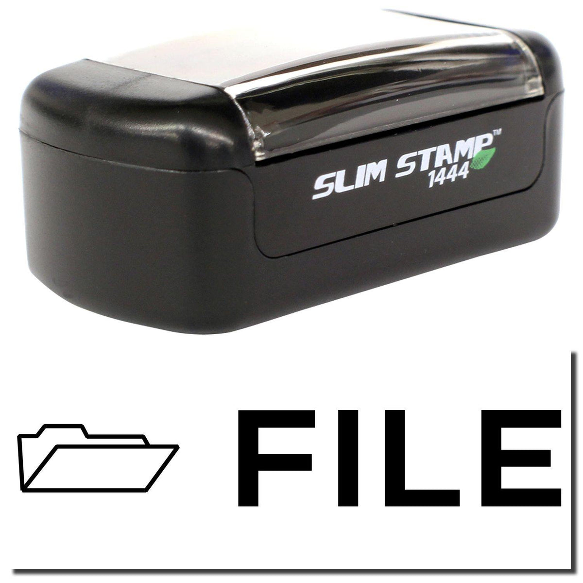 A stock office pre-inked stamp with a stamped image showing how the text &quot;FILE&quot; with an icon of a folder on the left side is displayed after stamping.