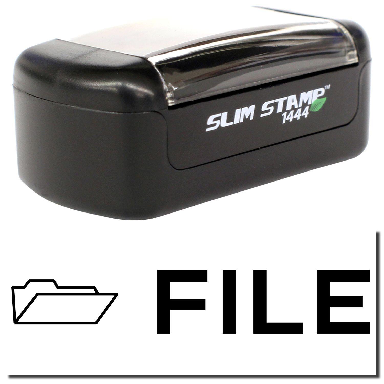A stock office pre-inked stamp with a stamped image showing how the text "FILE" with an icon of a folder on the left side is displayed after stamping.