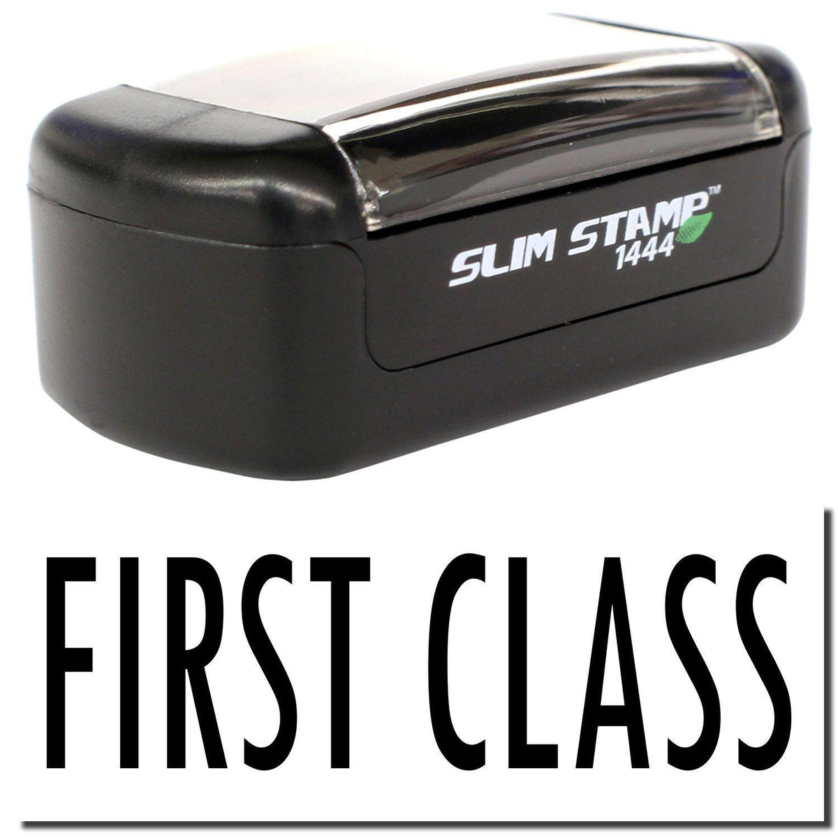 A stock office pre-inked stamp with a stamped image showing how the text &quot;FIRST CLASS&quot; is displayed after stamping.